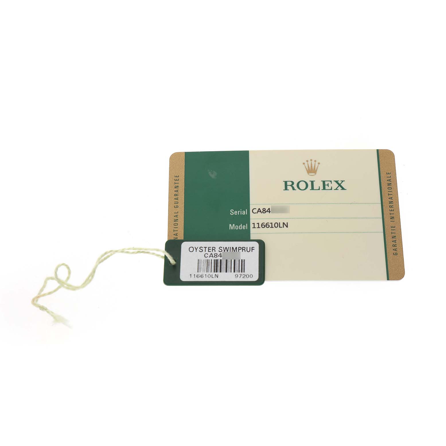 The image shows a warranty card and tag for a Rolex Submariner 116610LN Men's Stainless Steel Black Dial model 116610LN.