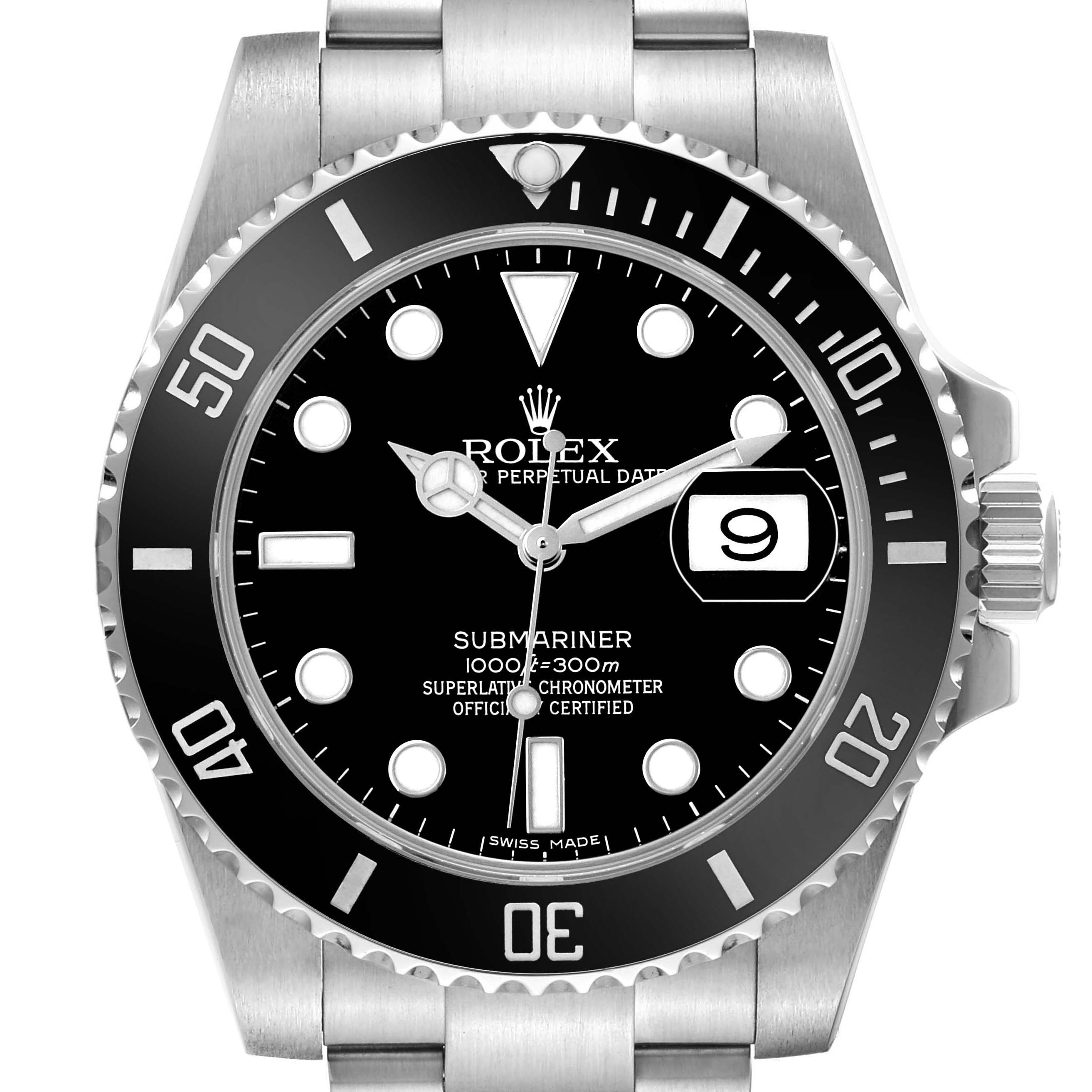 The image shows a frontal view of the Rolex Submariner 116610LN Men's Stainless Steel Black Dial, displaying the dial, bezel, and date window.