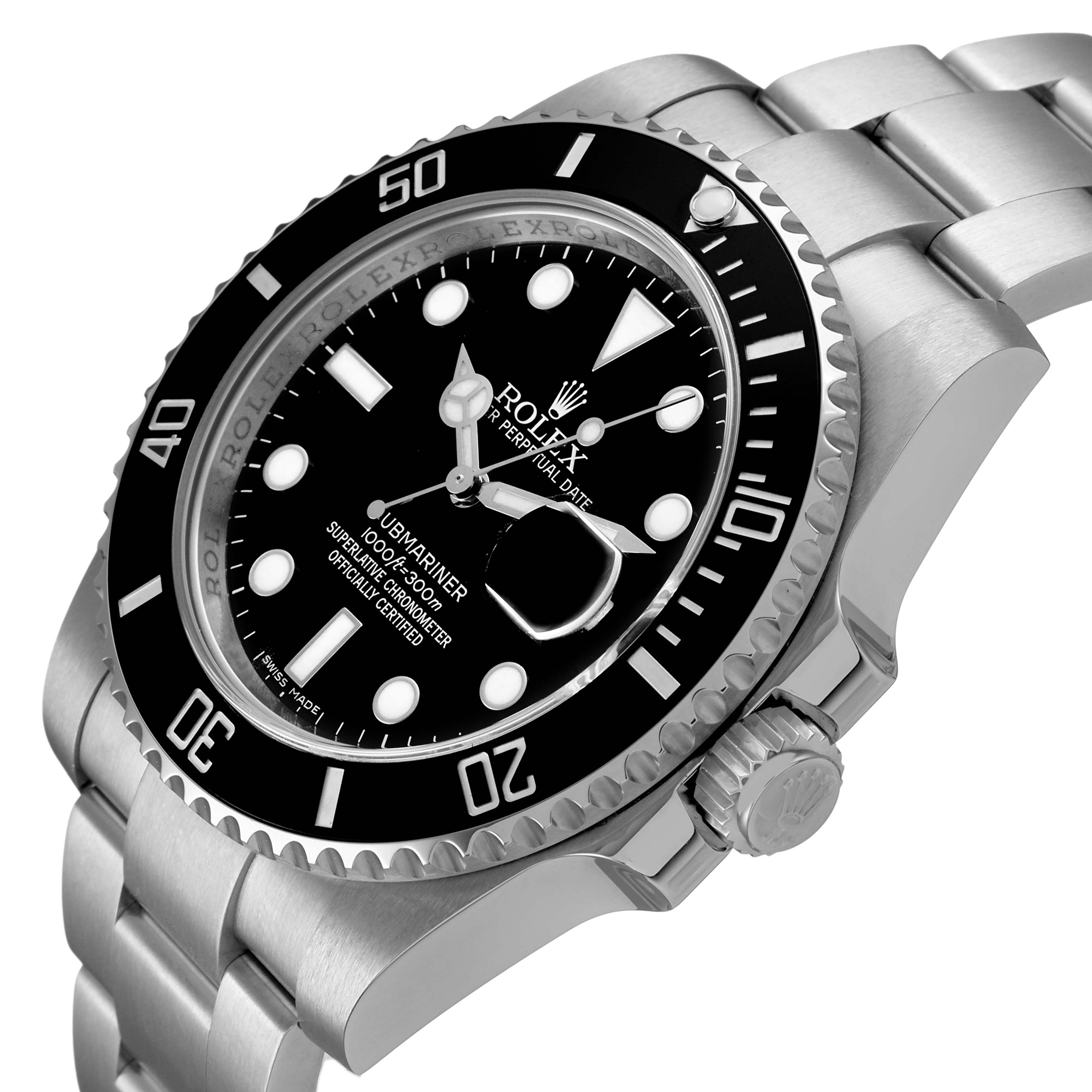 The Rolex Submariner 116610LN Men's Stainless Steel Black Dial watch is shown at an angled side view, highlighting the bezel, dial, crown, and bracelet.