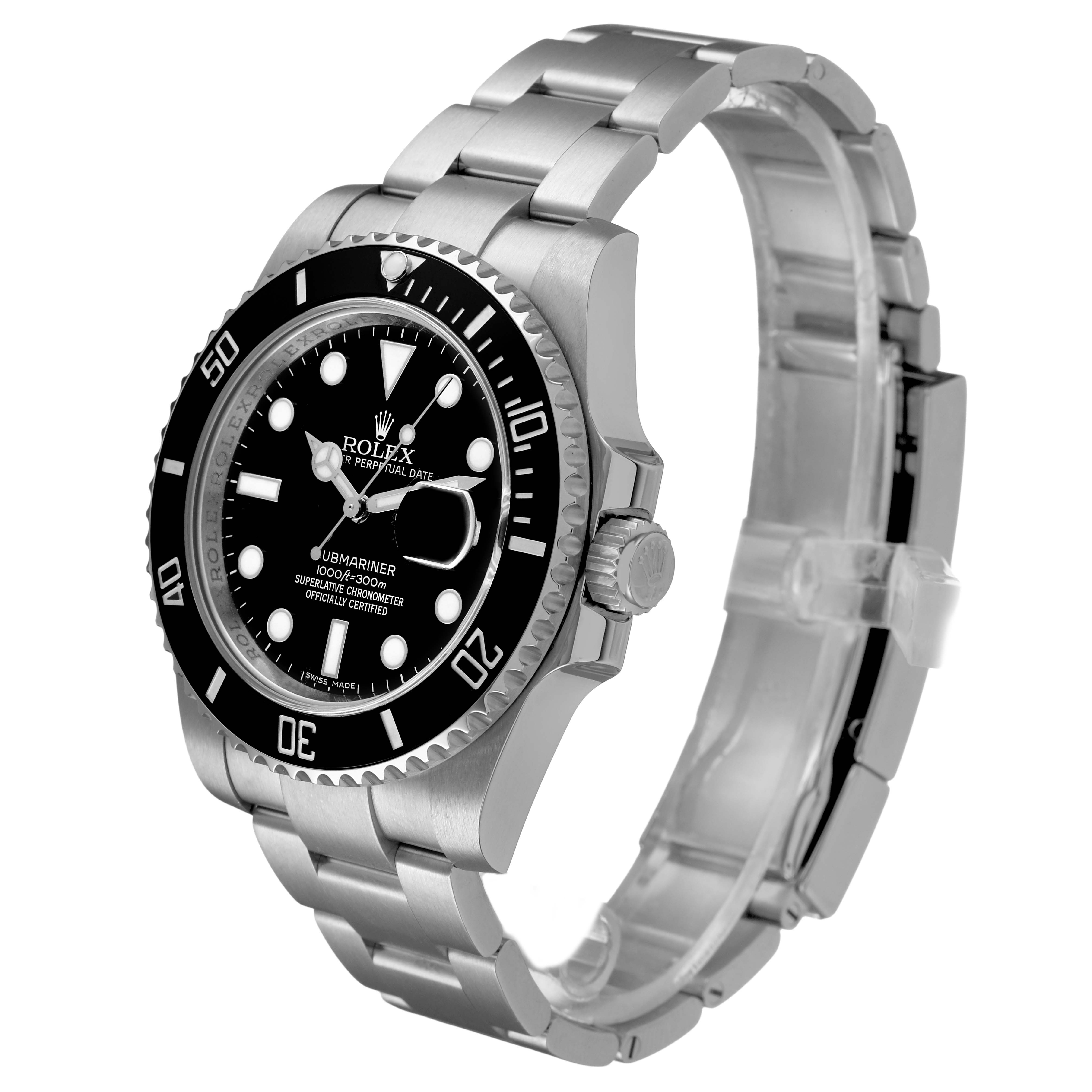 The Rolex Submariner 116610LN Men's Stainless Steel Black Dial watch is shown at a three-quarter angle, highlighting the bezel, dial, crown, and bracelet.