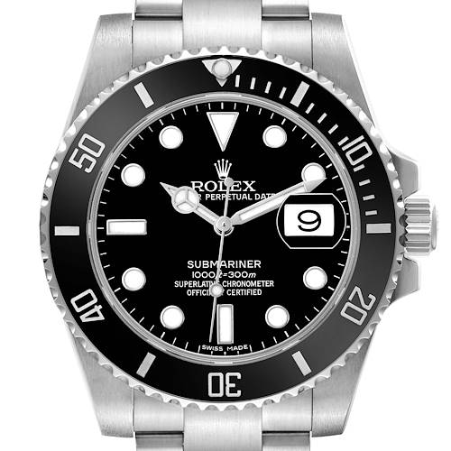 The Rolex Submariner 116610LN Men's Stainless Steel Black Dial watch is shown from the front, highlighting the dial, bezel, and part of the bracelet.