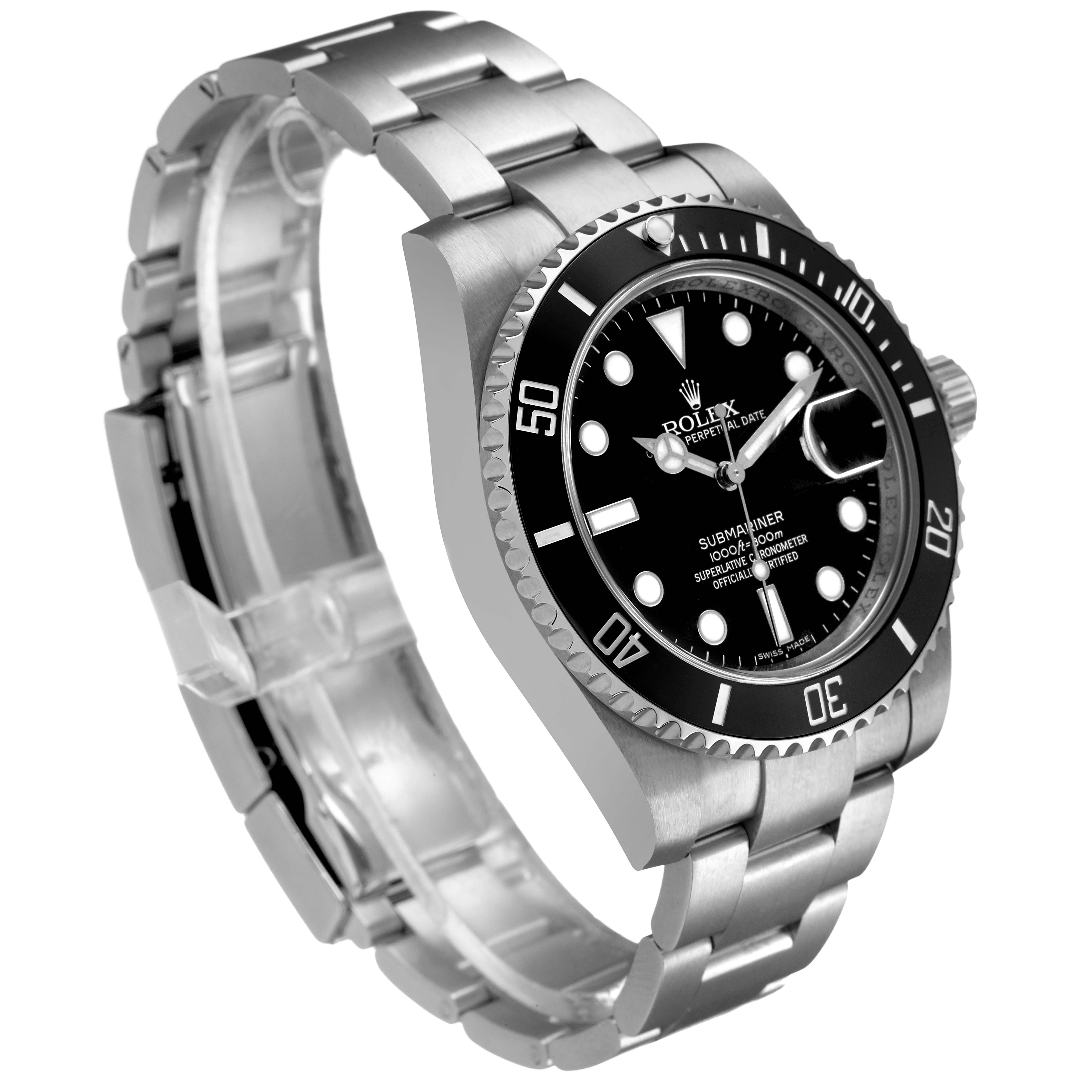 The Rolex Submariner 116610LN Men's Stainless Steel Black Dial watch is shown at an angled view, highlighting the black bezel, dial, bracelet, and crown.