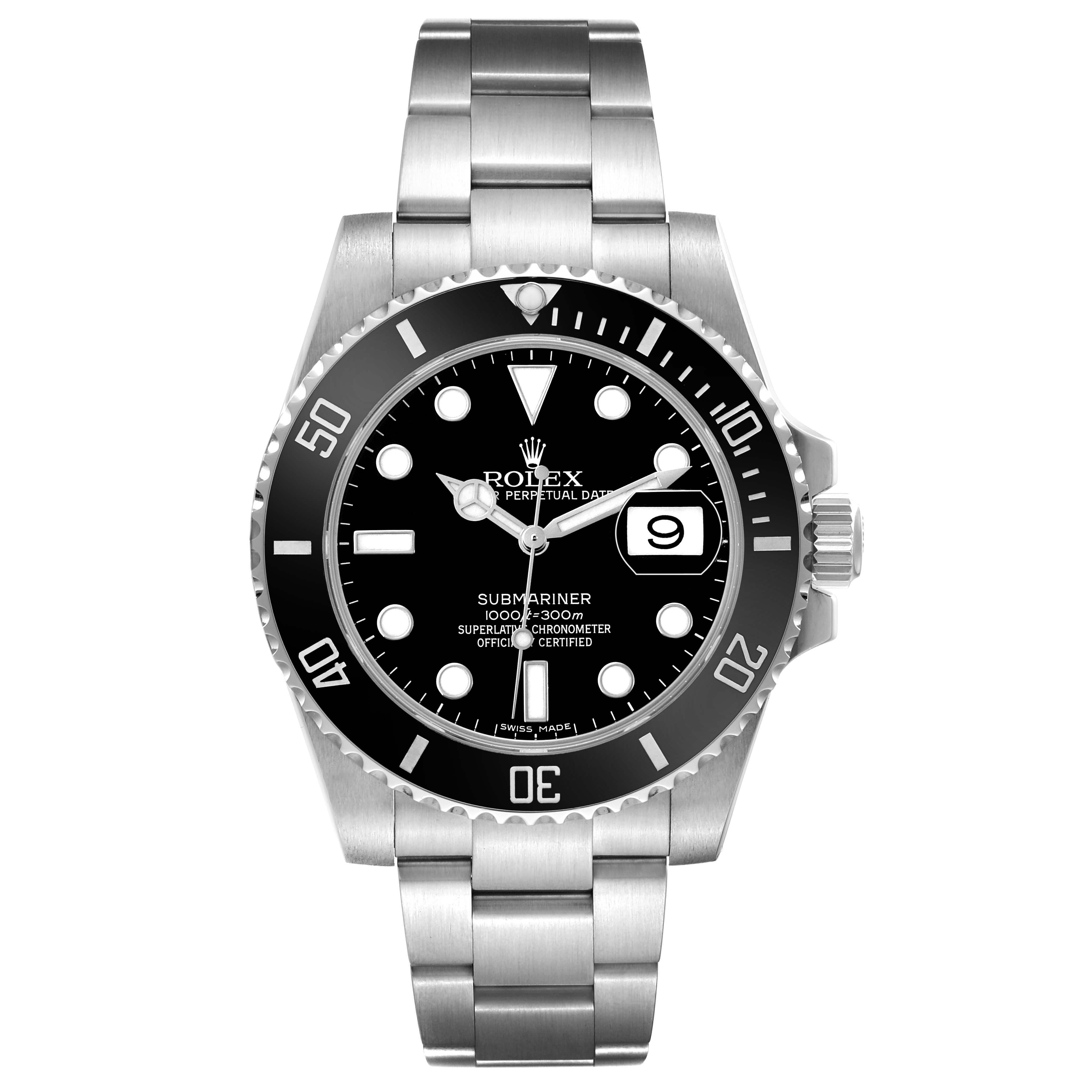 The Rolex Submariner 116610LN Men's Stainless Steel Black Dial is shown from a top-down angle, displaying the bezel, dial, and bracelet.