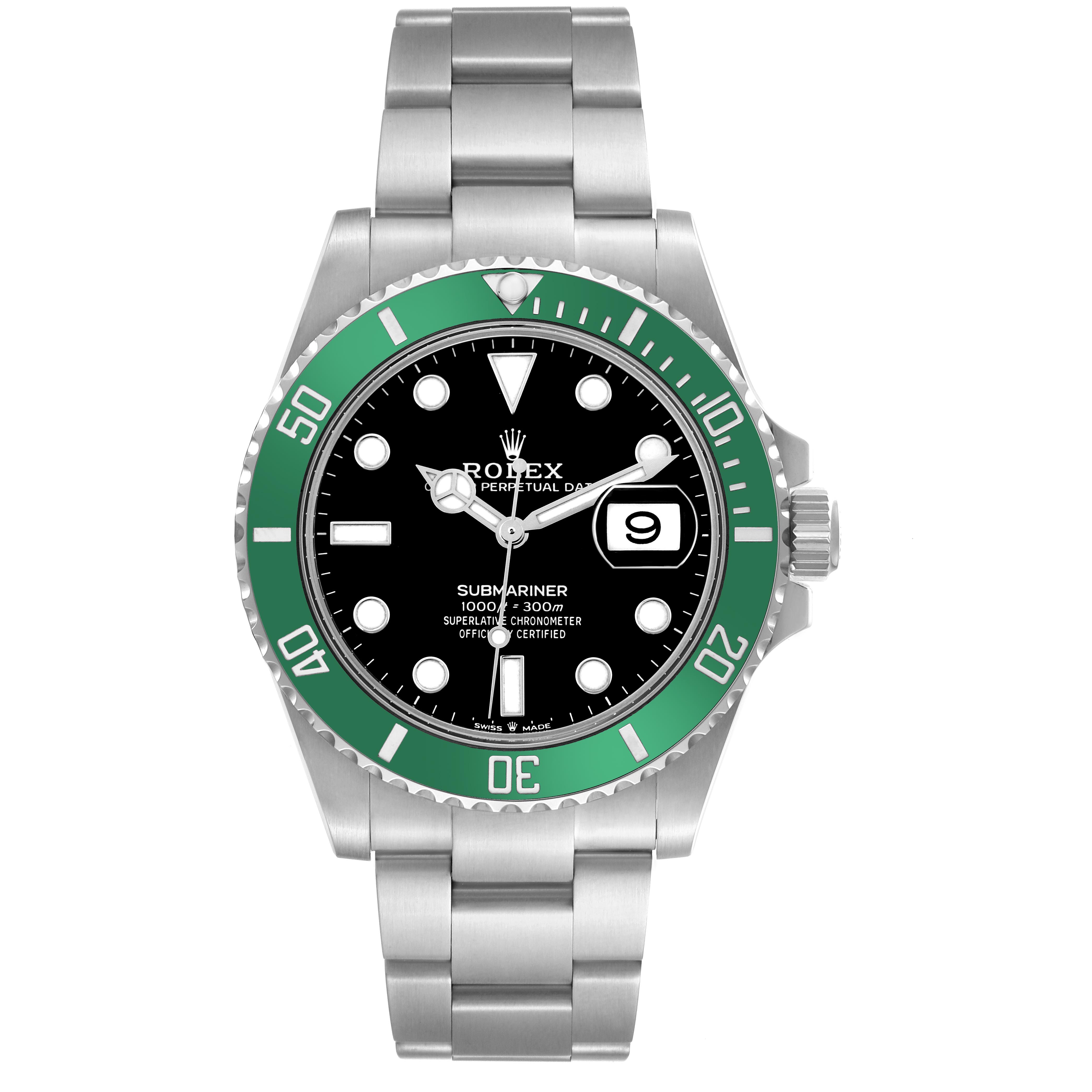 The Rolex Submariner 126610LV Men's Stainless Steel Black Dial 126610LV Men's Stainless Steel Black Dial is shown from a front view, displaying the dial, bezel, and bracelet.