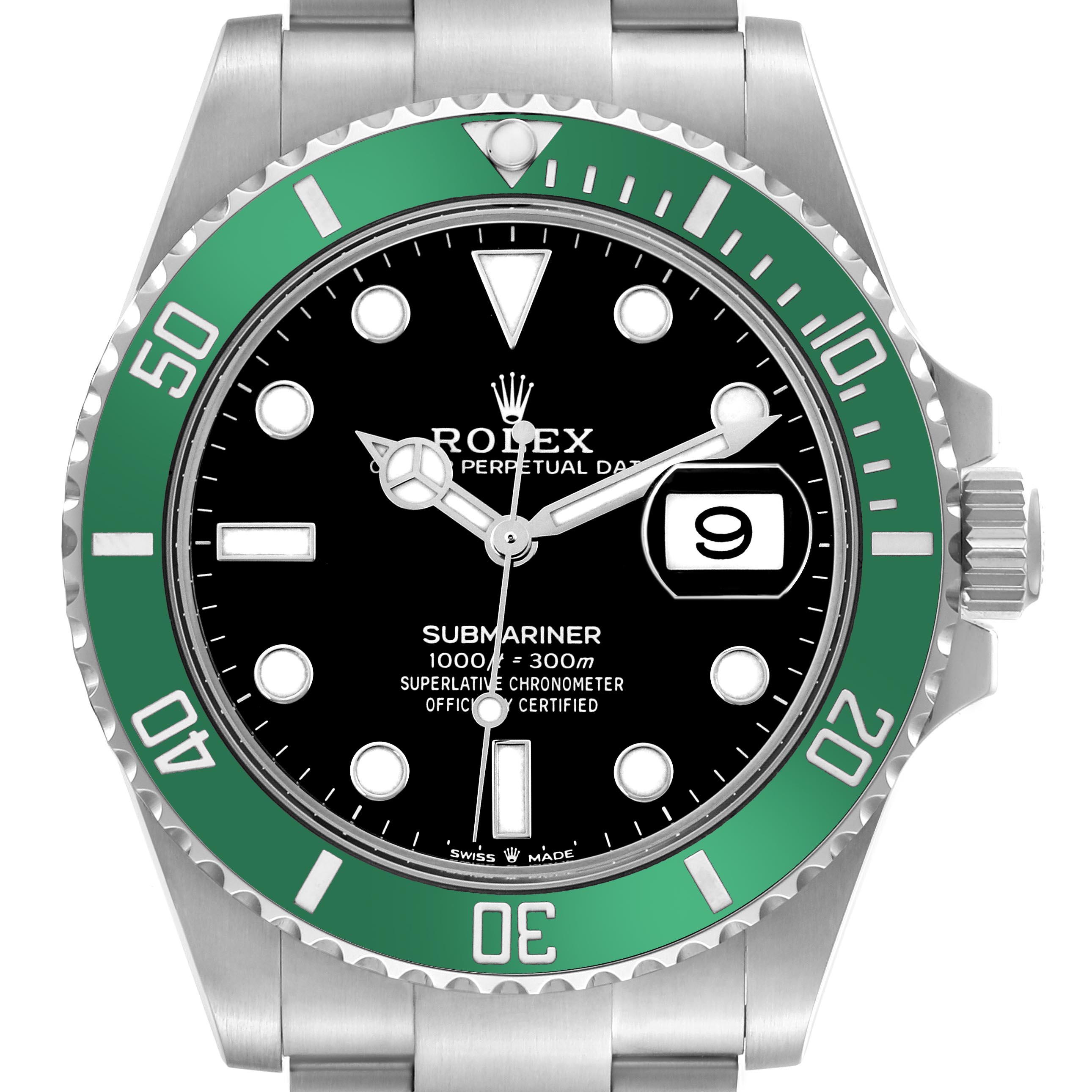 The image shows a frontal view of the Rolex Submariner 126610LV Men's Stainless Steel Black Dial 126610LV Men's Stainless Steel Black Dial watch, highlighting the green bezel, black dial, and date window.