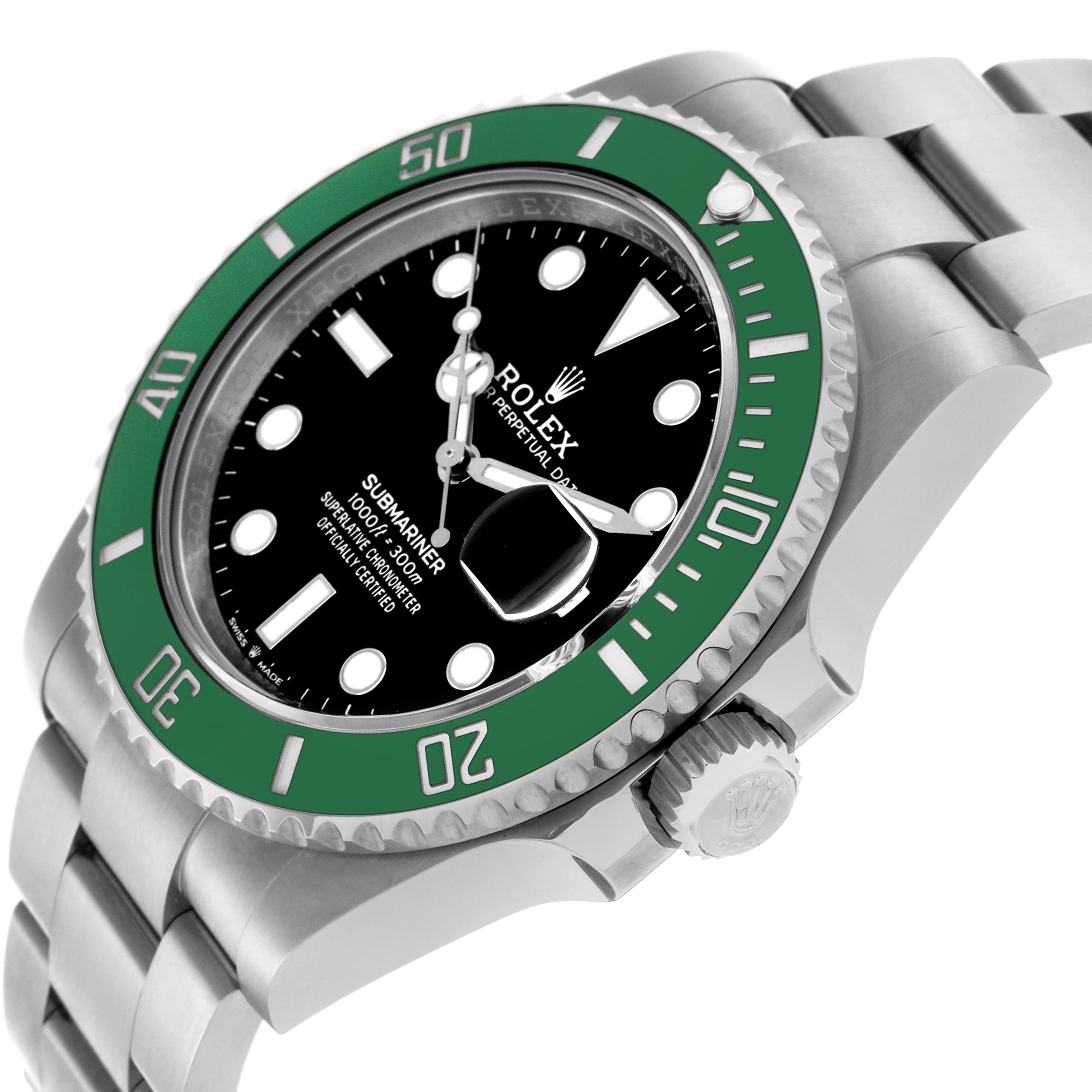 The Rolex Submariner 126610LV Men's Stainless Steel Black Dial 126610LV Men's Stainless Steel Black Dial watch is shown at an angled view displaying the dial, green bezel, crown, and part of the bracelet.