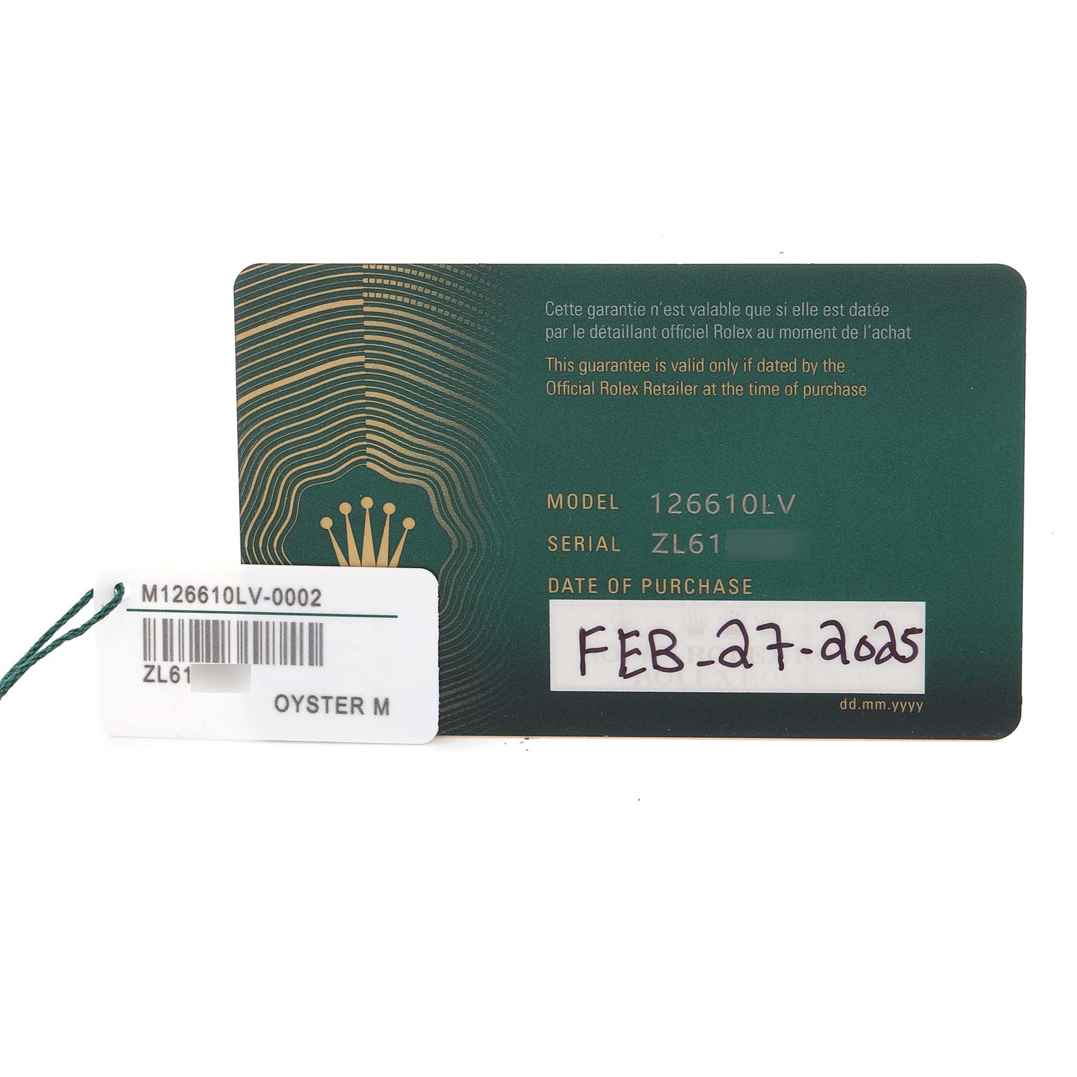 The image shows a Rolex Submariner 126610LV Men's Stainless Steel Black Dial 126610LV Men's Stainless Steel Black Dial model 126610LV warranty card and a Rolex tag.