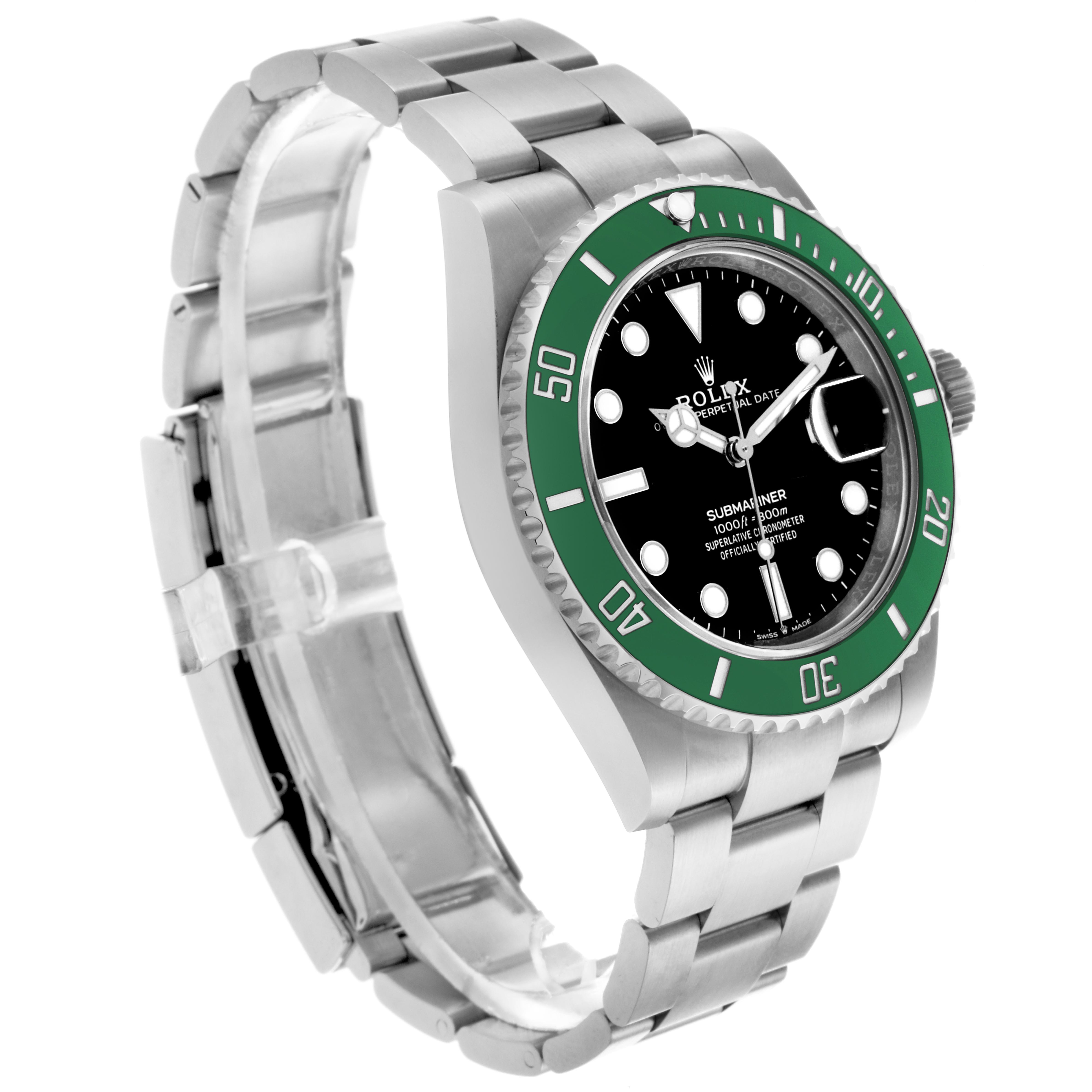 The Rolex Submariner 126610LV Men's Stainless Steel Black Dial 126610LV Men's Stainless Steel Black Dial watch is shown at a three-quarter angle, displaying the face, green bezel, stainless steel bracelet, and crown.