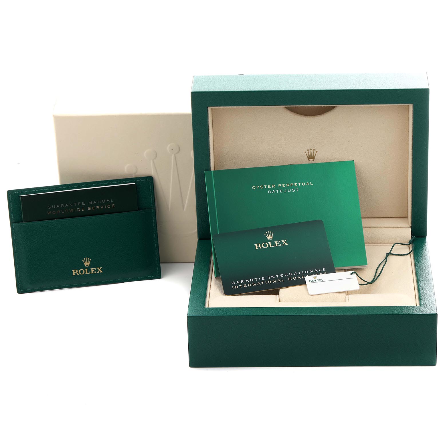 The image shows a Rolex Submariner 126610LV Men's Stainless Steel Black Dial 126610LV Men's Stainless Steel Black Dial box, warranty card, manuals, and a tag, all viewed from a front angle.