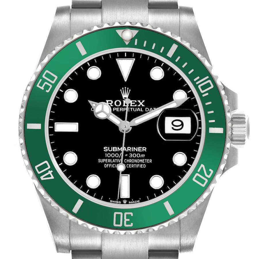 The Rolex Submariner is shown from the front, highlighting the green bezel, black dial, date window, and metallic strap.