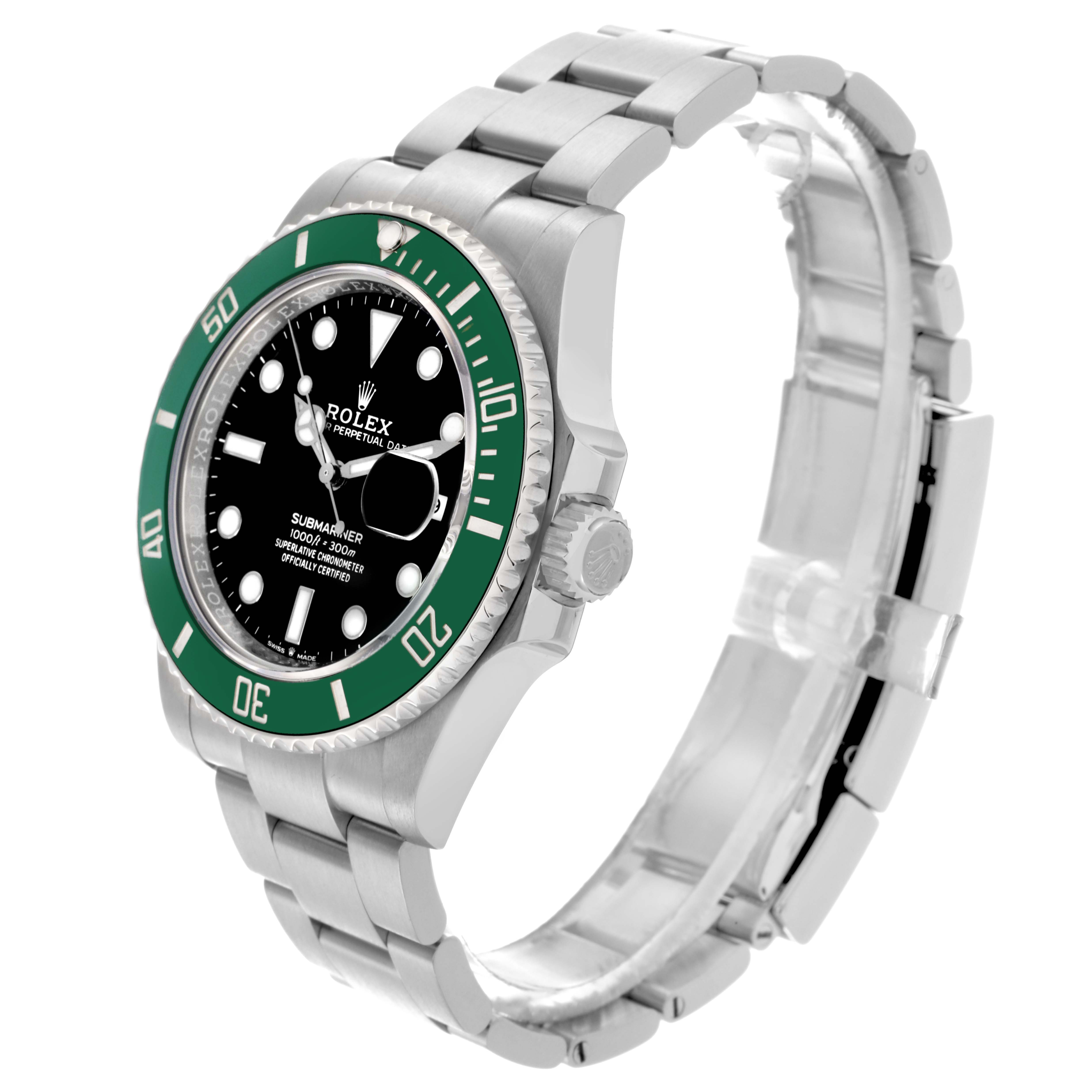 The Rolex Submariner 126610LV Men
s Stainless Steel Black Dial 126610LV Men
s Stainless Steel Black Dial watch is shown at a slight angle, displaying its green bezel, black dial, crown, and stainless steel bracelet.