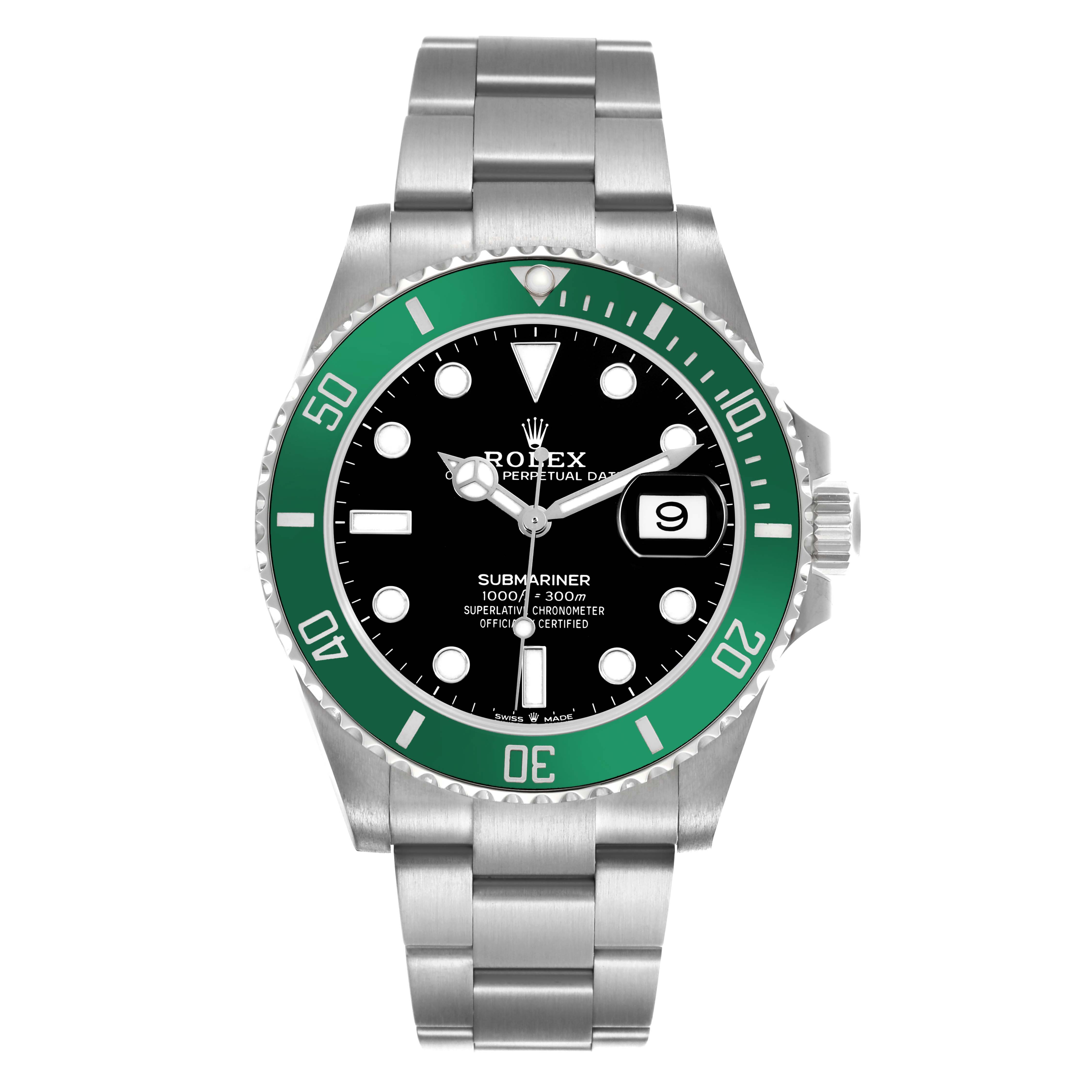 The Rolex Submariner 126610LV Men
s Stainless Steel Black Dial 126610LV Men
s Stainless Steel Black Dial watch is shown from a front angle, highlighting its green bezel, black dial, and stainless steel bracelet.