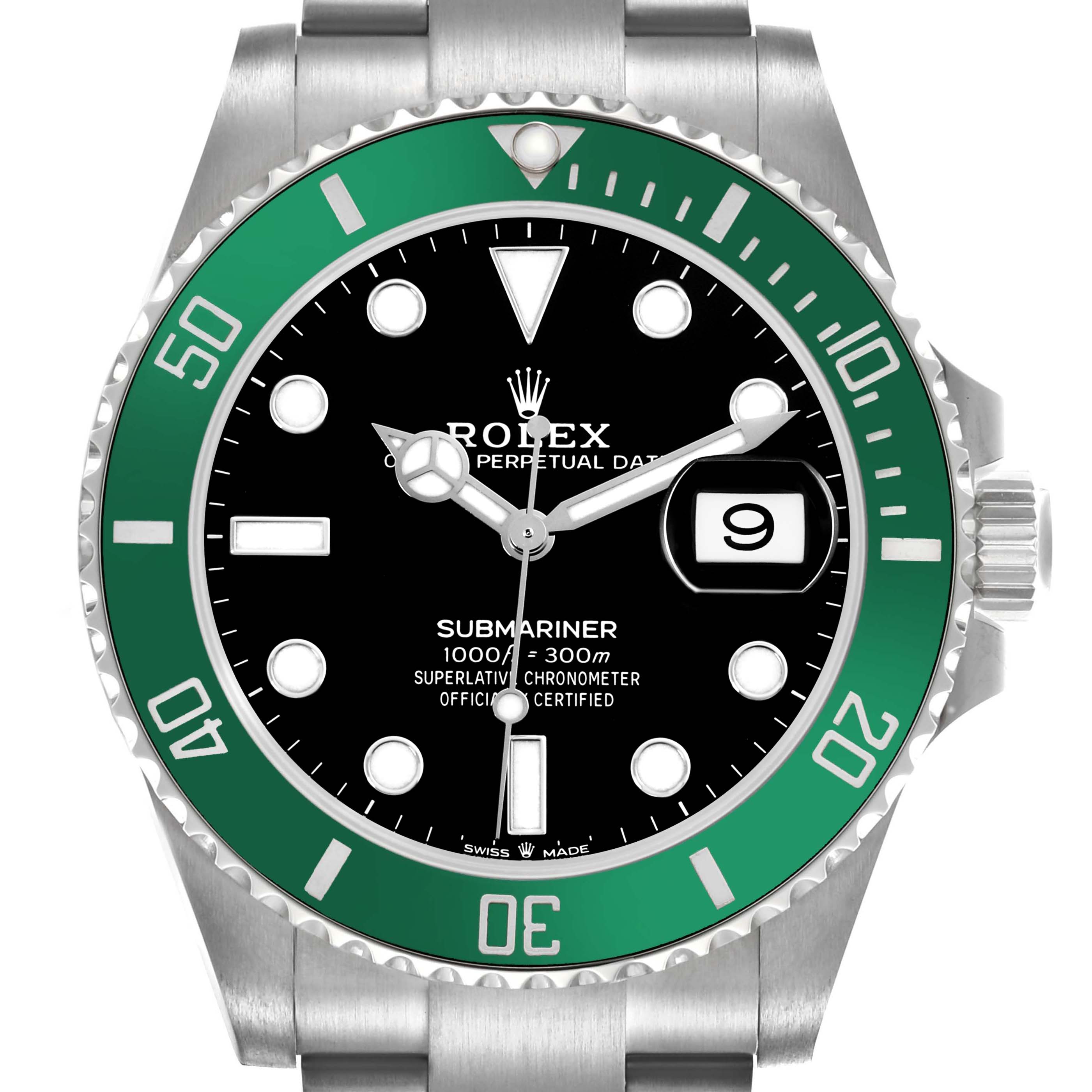 The Rolex Submariner 126610LV Men's Stainless Steel Black Dial 126610LV Men's Stainless Steel Black Dial watch is shown from the front, displaying its green bezel, black dial, and date window.