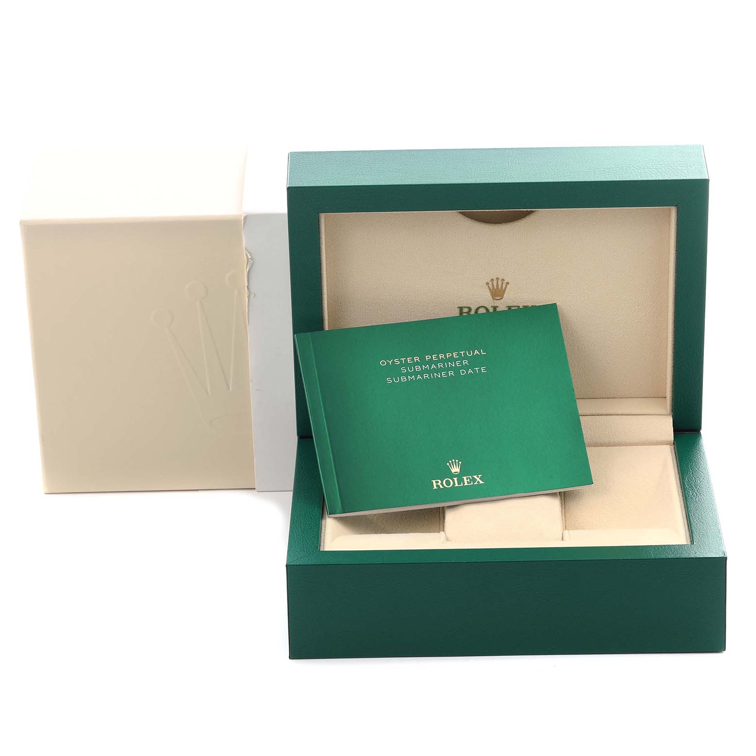 The image shows the packaging and manual for a Rolex Submariner 126610LV Men's Stainless Steel Black Dial 126610LV Men's Stainless Steel Black Dial, including an open green box and accompanying booklet.