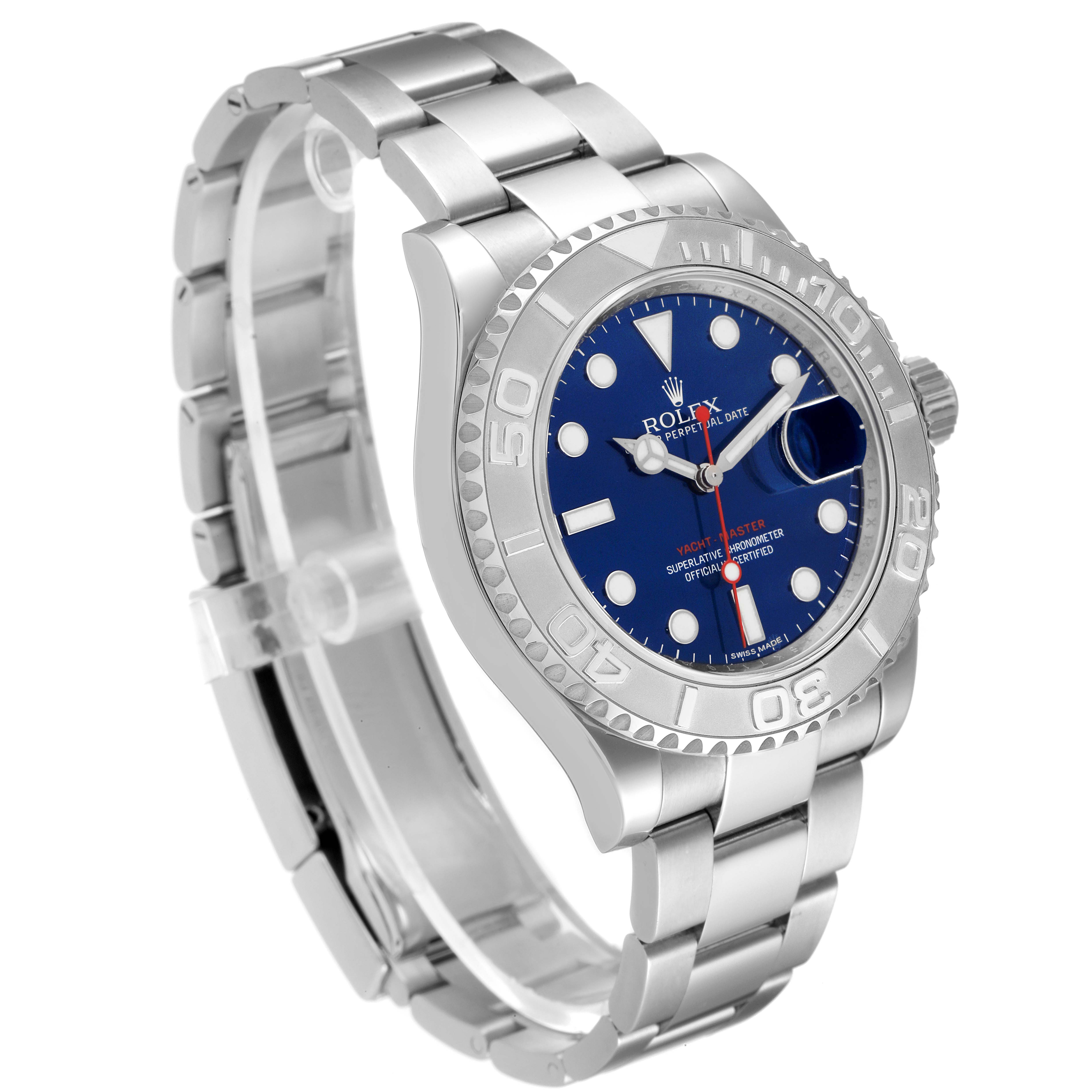 The Rolex Yacht-Master 116622 Men's Stainless Steel Blue Dial 116622 Men's Stainless Steel Blue Dial watch is shown from a front-side angle, highlighting its blue dial, bezel, and metal bracelet.