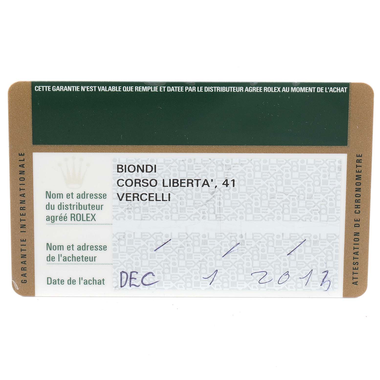 This image shows the warranty card for a Rolex Yacht-Master 116622 Men's Stainless Steel Blue Dial 116622 Men's Stainless Steel Blue Dial watch, including purchase date and distributor information.