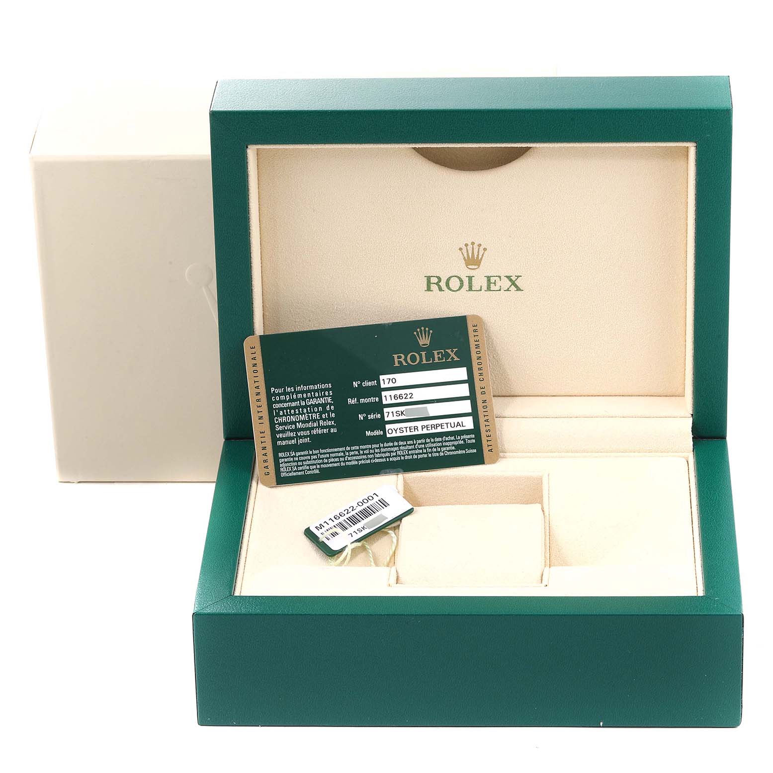 The image shows a green Rolex box and warranty card for the Yacht-Master model.