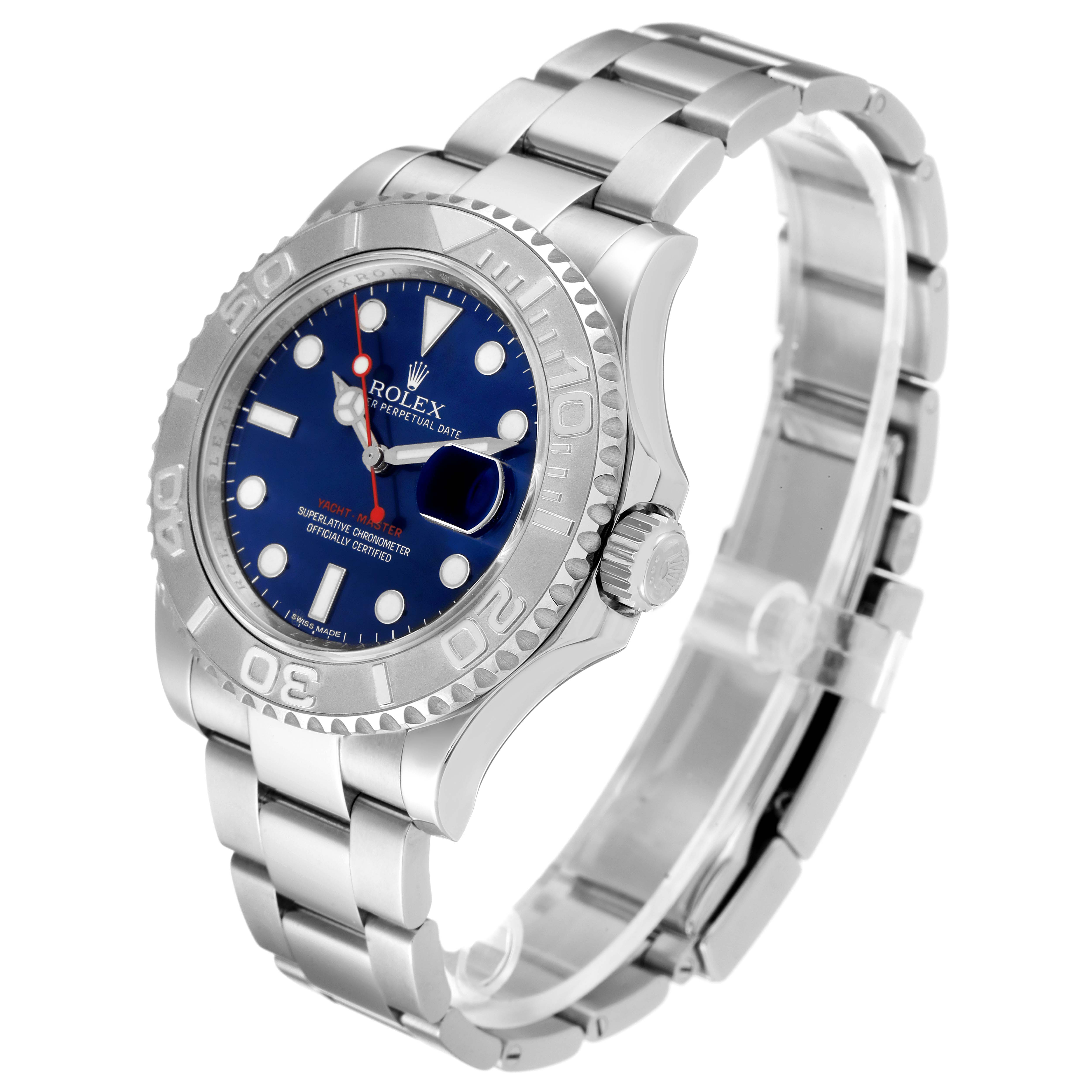 The Rolex Yacht-Master 116622 Men's Stainless Steel Blue Dial 116622 Men's Stainless Steel Blue Dial watch is shown at a three-quarter angle, highlighting its silver bracelet, blue dial, and bezel.