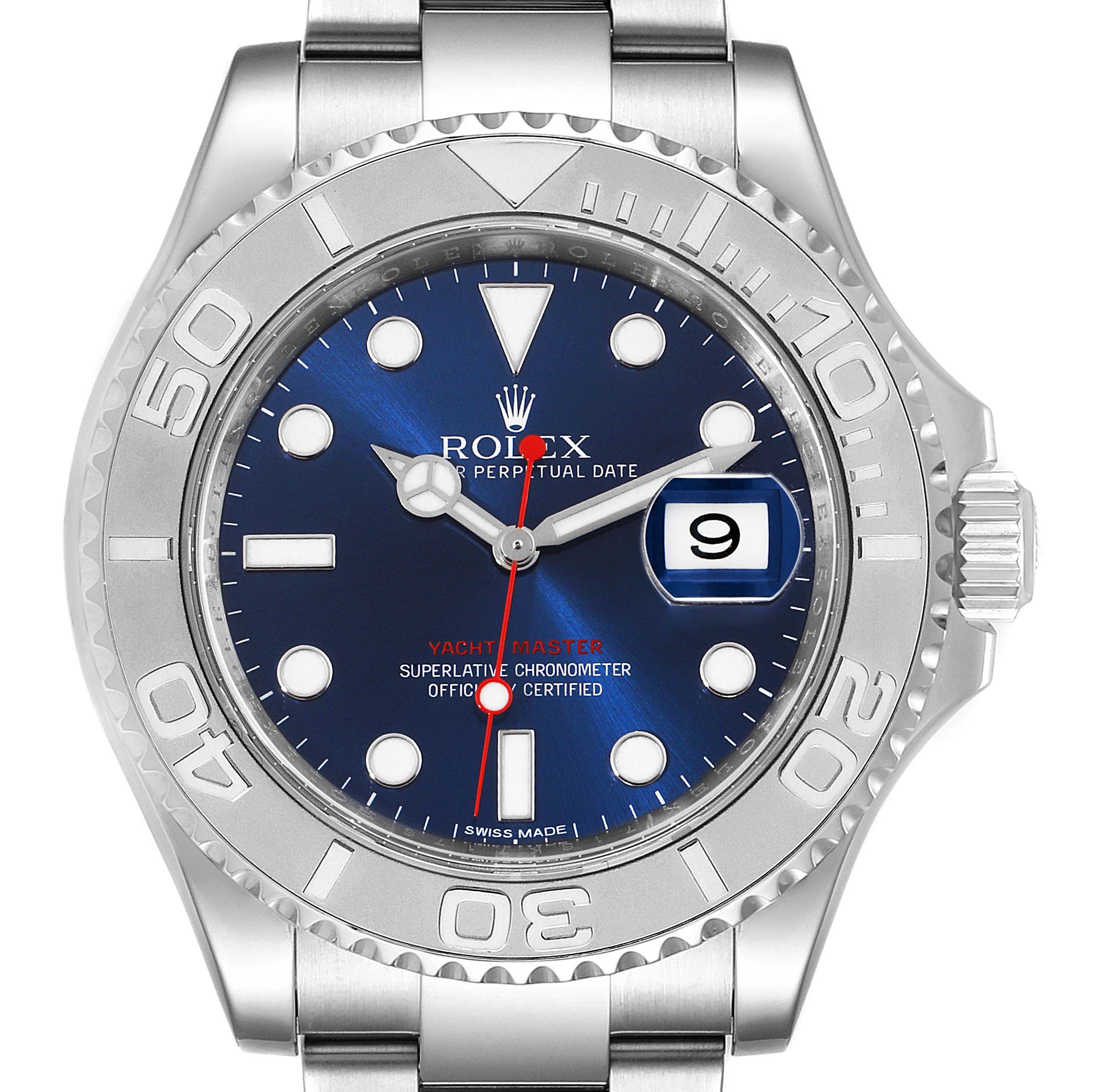The image shows a front view of the Rolex Yacht-Master 116622 Men's Stainless Steel Blue Dial 116622 Men's Stainless Steel Blue Dial watch, highlighting the dial, bezel, and partial bracelet.