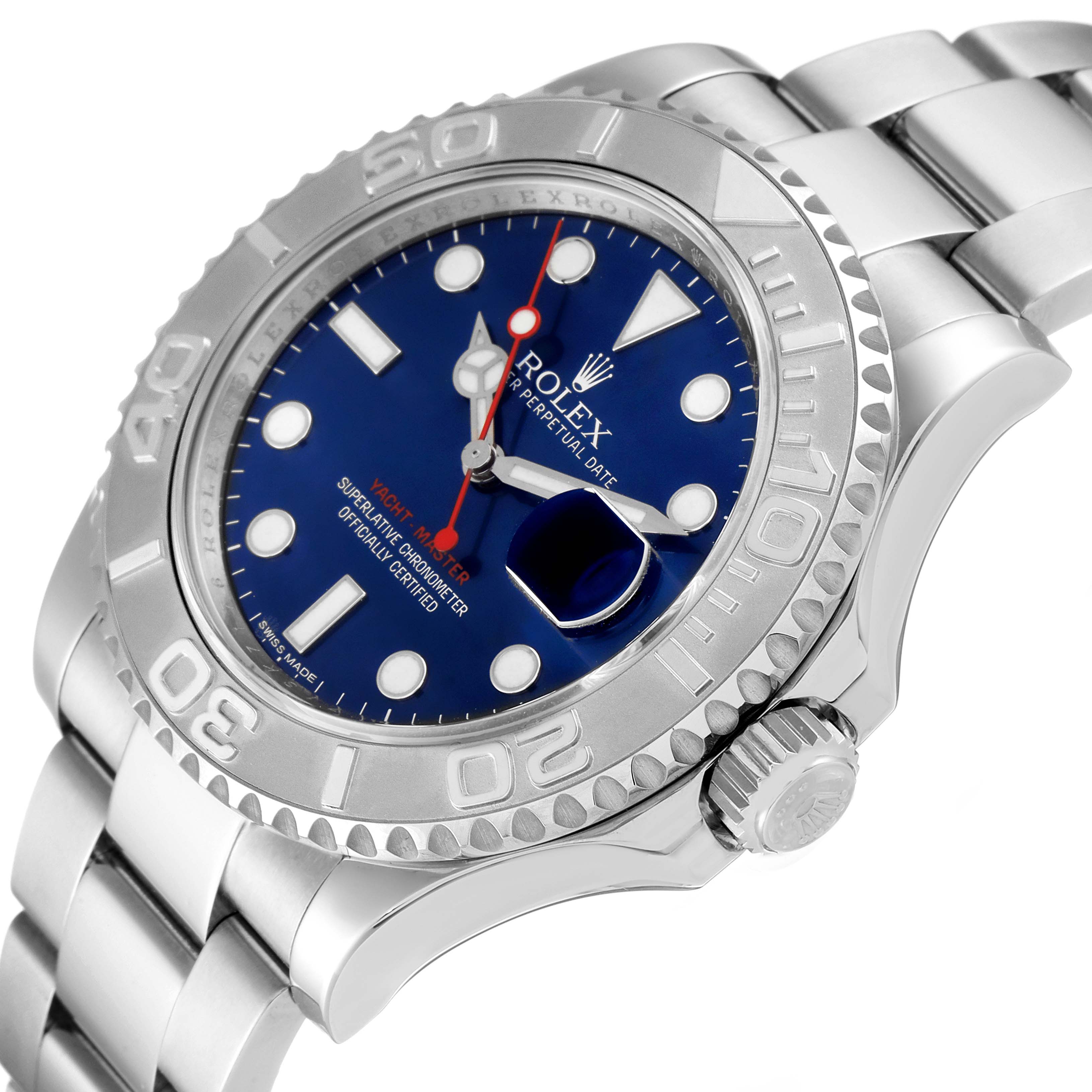 The image shows a Rolex Yacht-Master 116622 Men's Stainless Steel Blue Dial 116622 Men's Stainless Steel Blue Dial watch angled to highlight its blue dial, bezel, crown, and metallic bracelet.