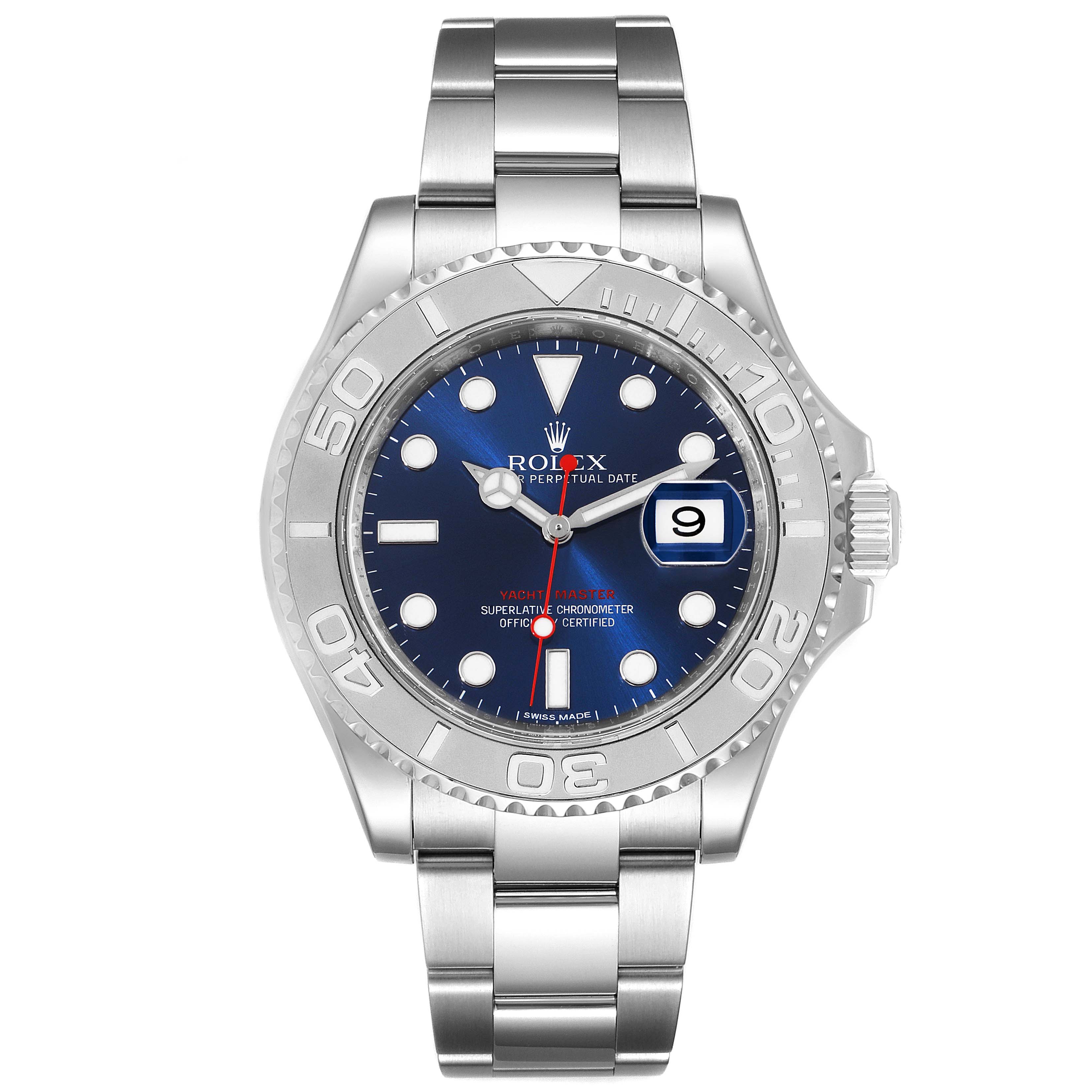 This image shows a front view of the Rolex Yacht-Master 116622 Men's Stainless Steel Blue Dial 116622 Men's Stainless Steel Blue Dial watch, displaying the face, bezel, crown, and bracelet.