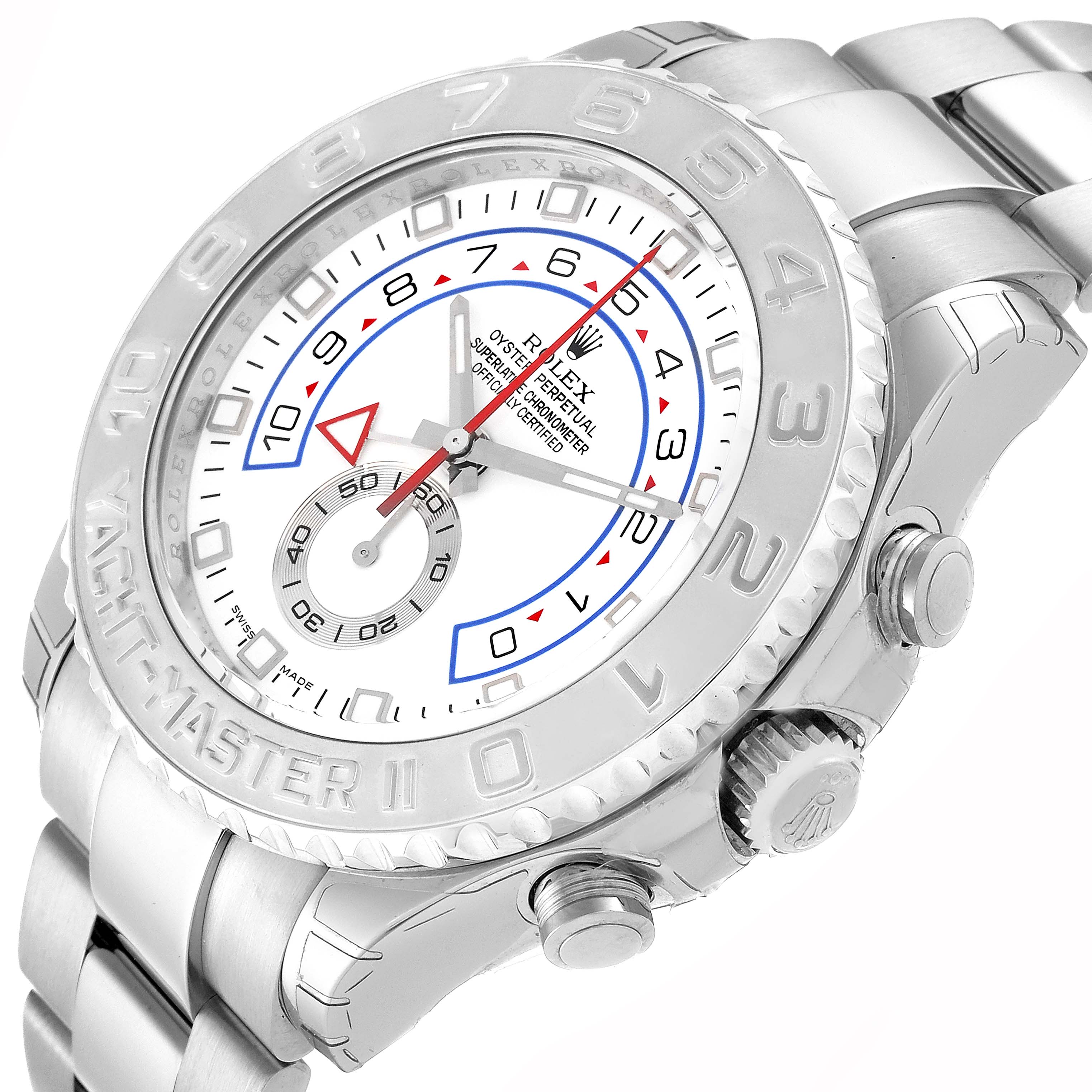 The image shows a close-up, angled view of a Rolex Yacht-Master 116689 Men's White Gold White Dial 116689 Men's White Gold White Dial watch, highlighting the dial, bezel, and crown.