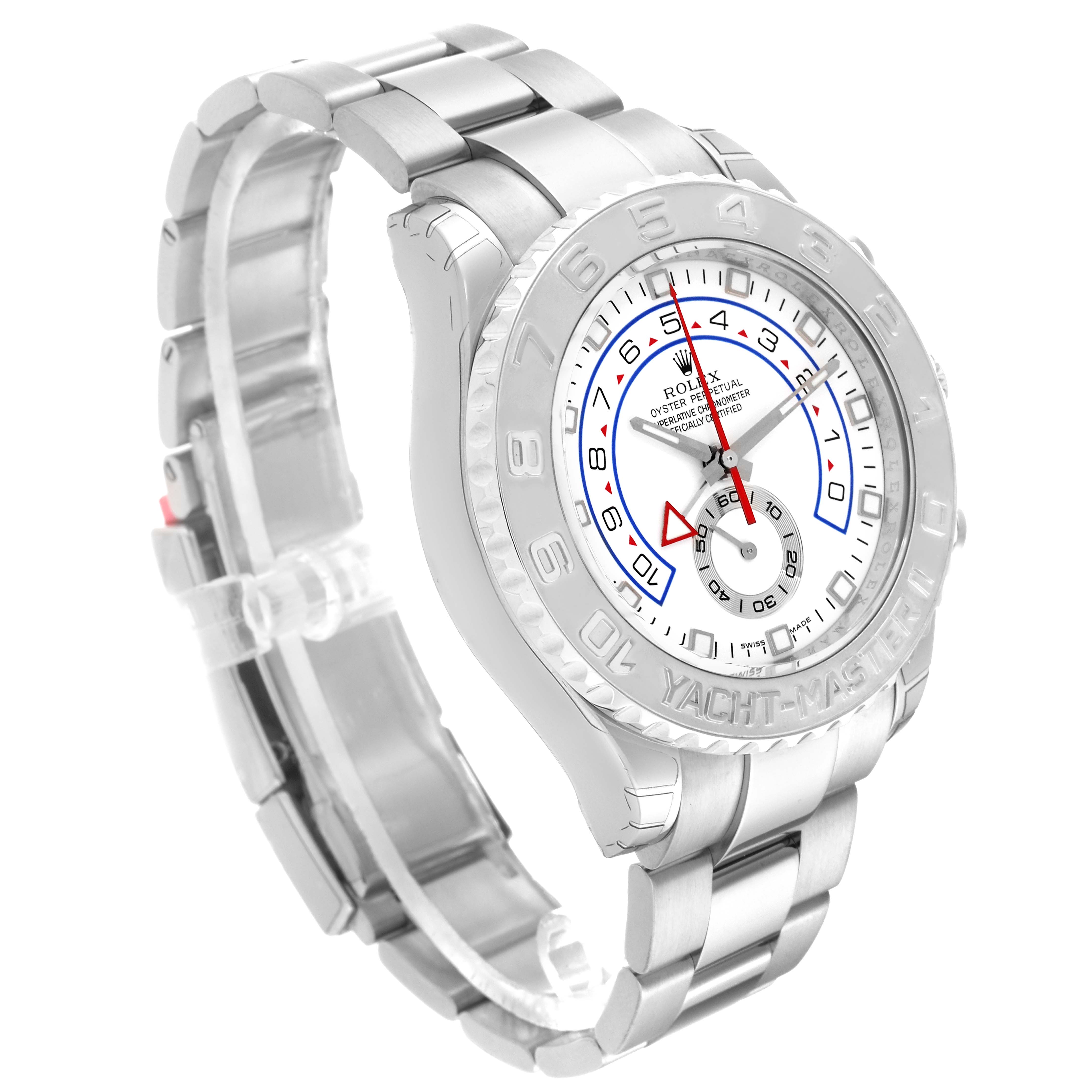 The Rolex Yacht-Master 116689 Men's White Gold White Dial 116689 Men's White Gold White Dial watch is shown at an angled view displaying the face, bezel, and part of the bracelet.