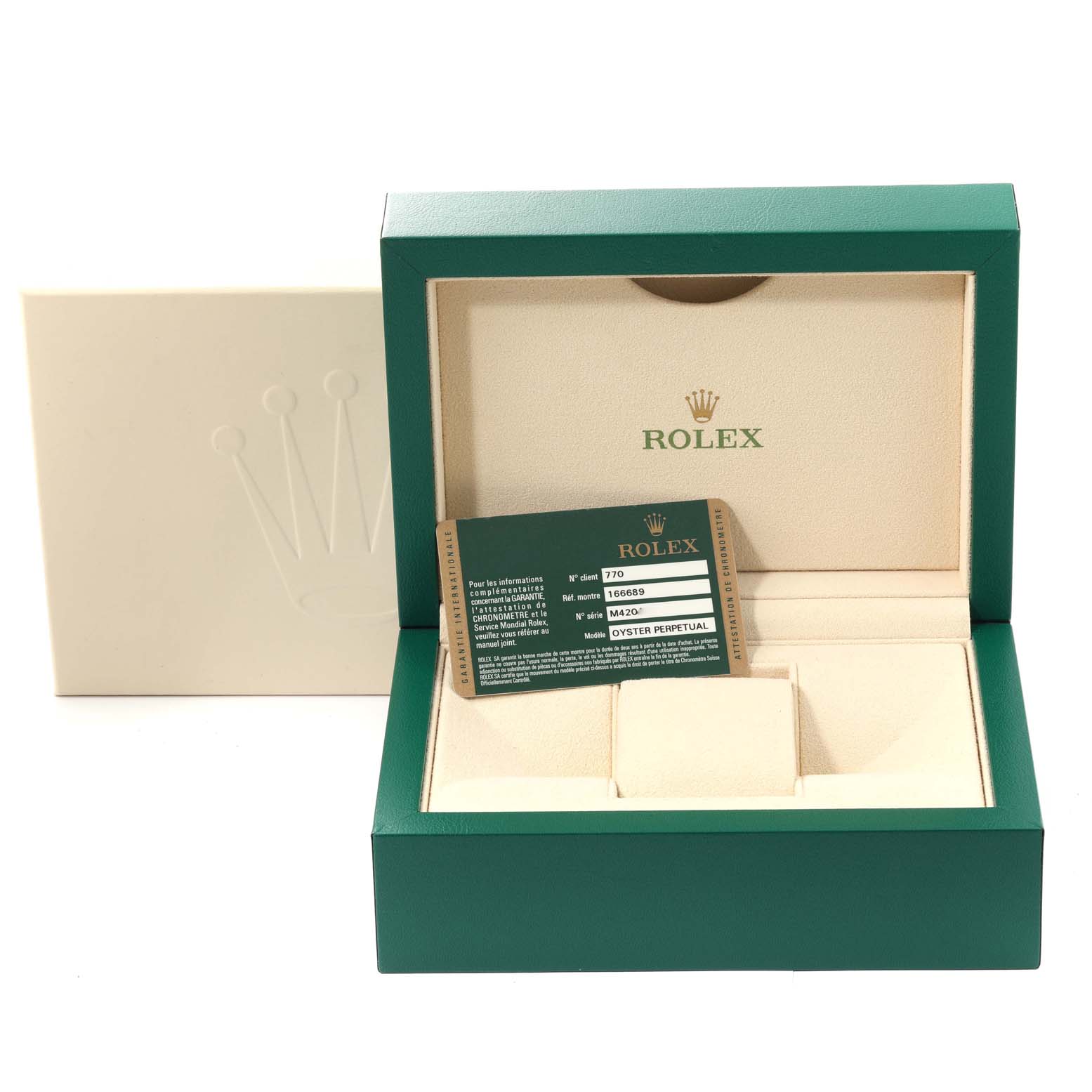 The image shows a green Rolex watch box with a warranty card for a Rolex Yacht-Master 116689 Men's White Gold White Dial 116689 Men's White Gold White Dial model, accompanied by an outer box.
