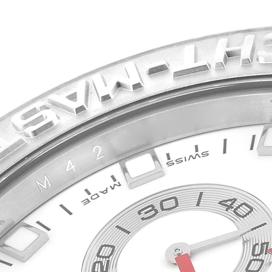 The image shows a close-up of the dial and bezel of a Rolex Yacht-Master 116689 Men's White Gold White Dial 116689 Men's White Gold White Dial watch.