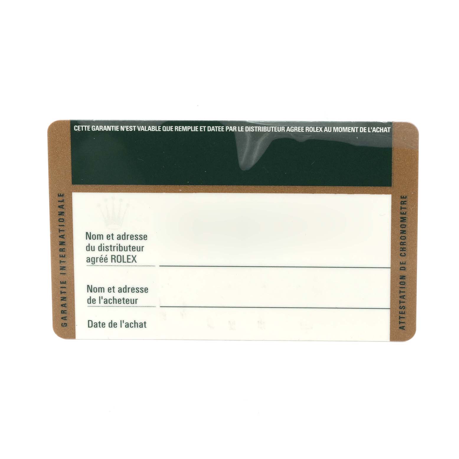 The image shows the warranty card for a Rolex Yacht-Master 116689 Men's White Gold White Dial 116689 Men's White Gold White Dial watch.