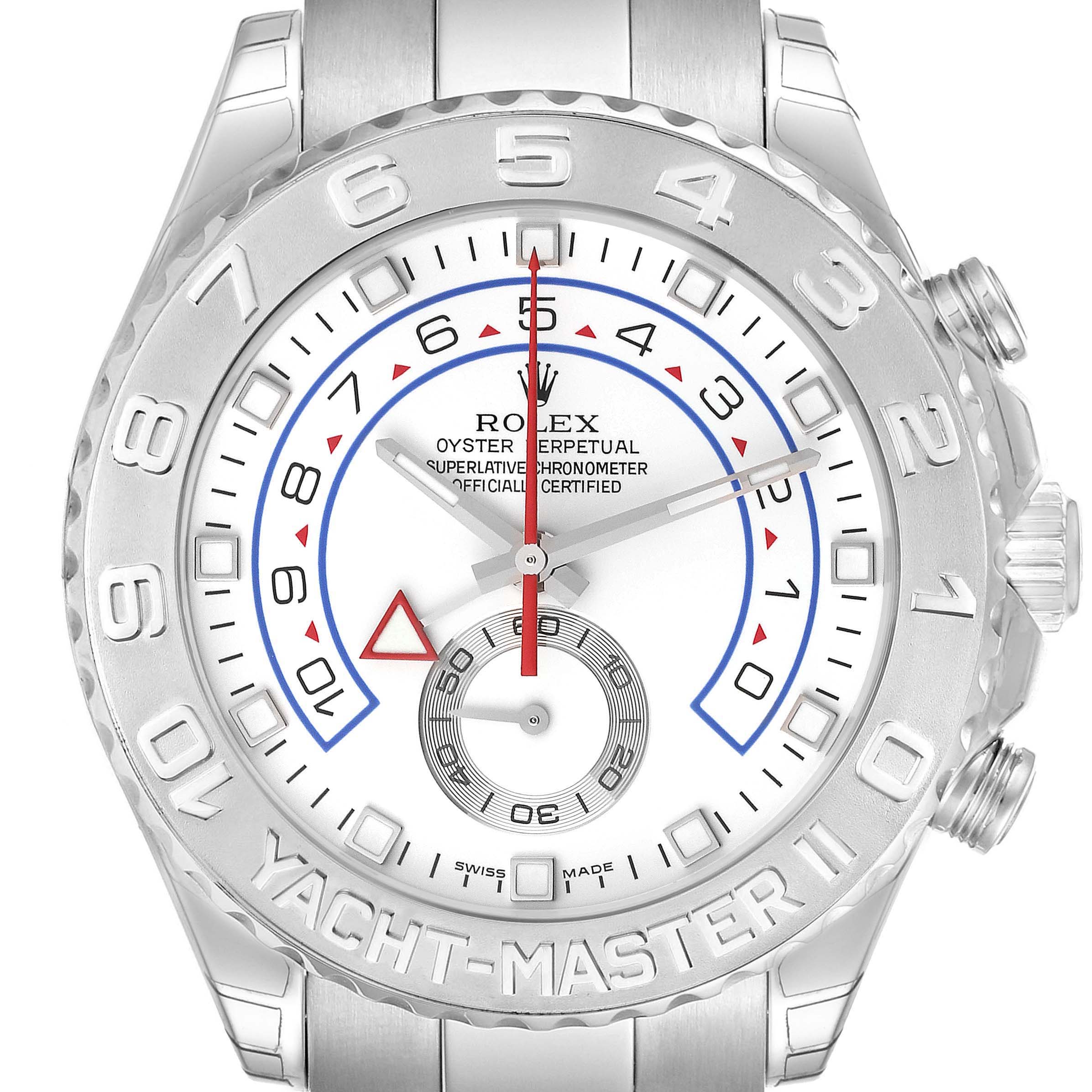 The image shows the front face of the Rolex Yacht-Master 116689 Men's White Gold White Dial 116689 Men's White Gold White Dial watch, highlighting the dial, bezel, and part of the metal bracelet.