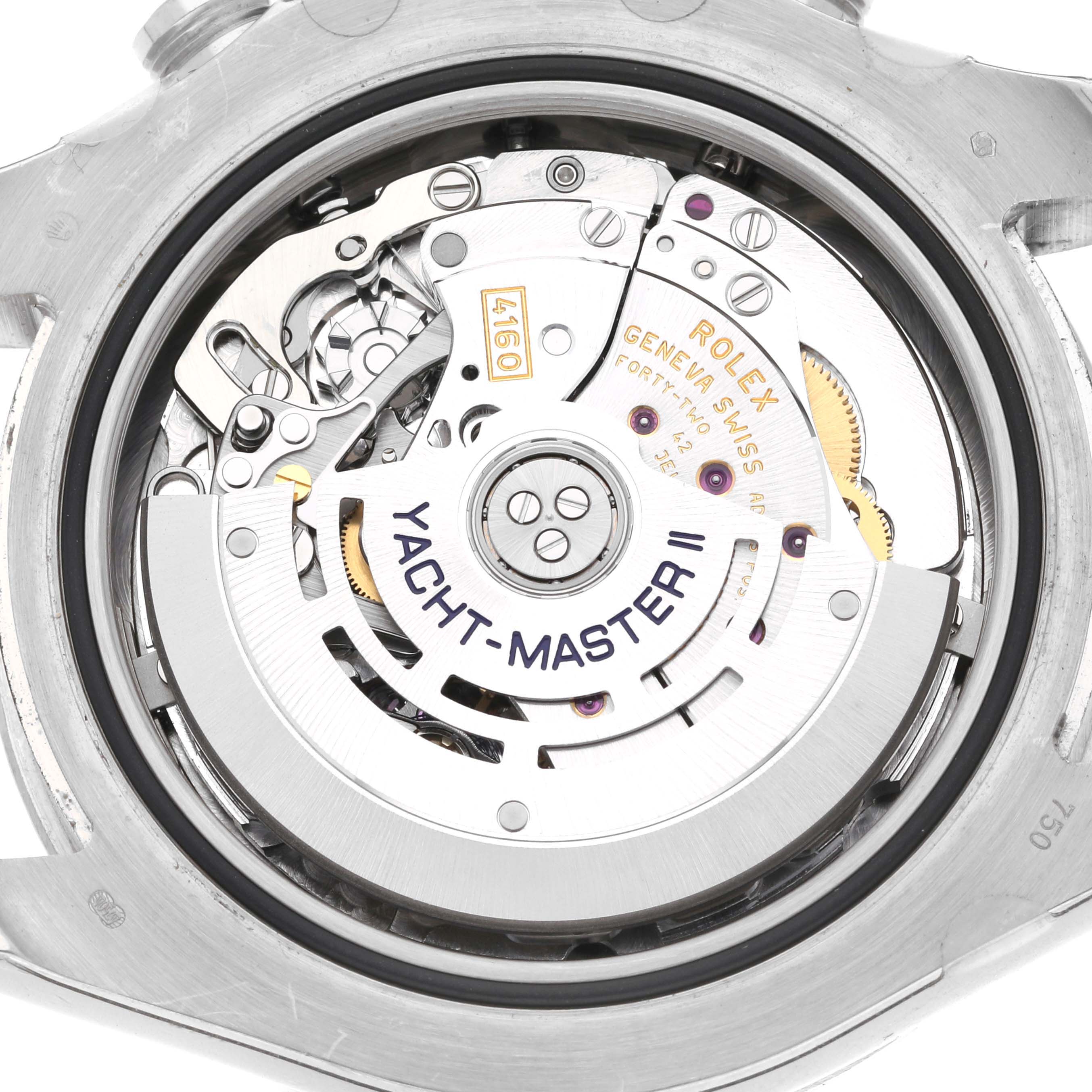 The image shows the inner mechanism and movement of the Rolex Yacht-Master 116689 Men's White Gold White Dial 116689 Men's White Gold White Dial II watch from a back angle.