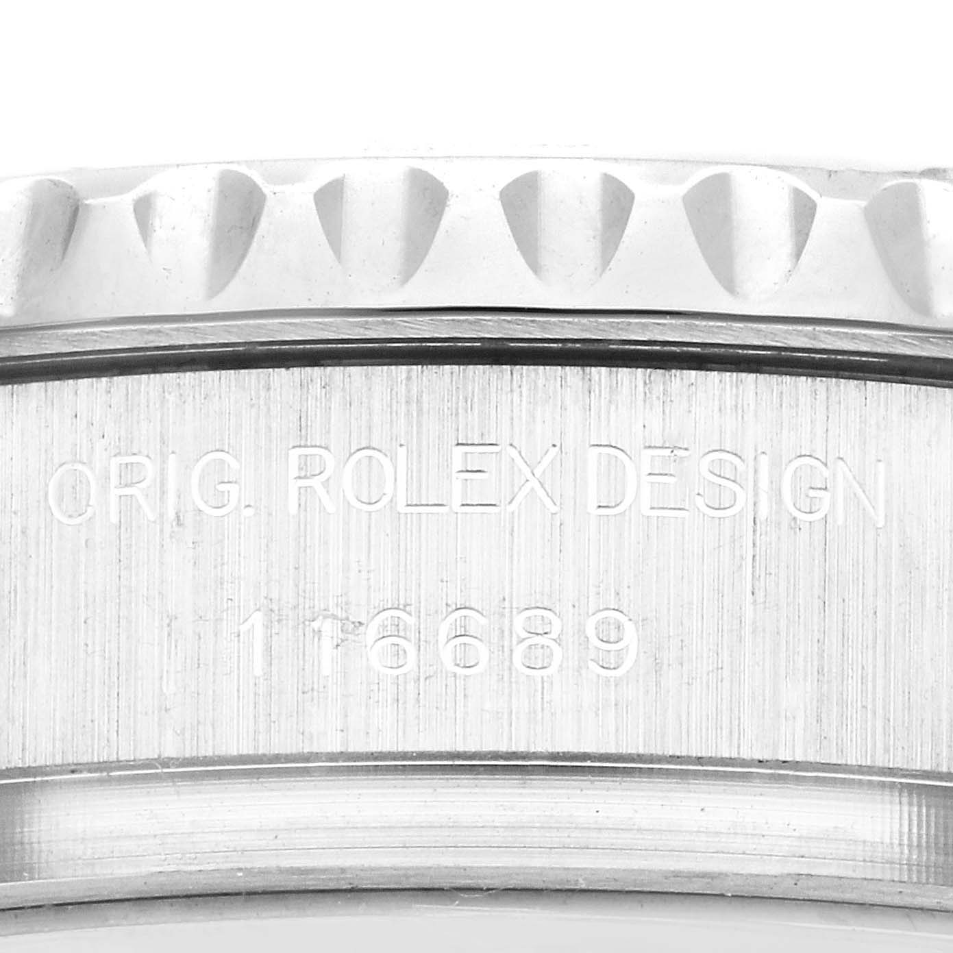 The image shows a close-up of the side of the Rolex Yacht-Master 116689 Men's White Gold White Dial 116689 Men's White Gold White Dial watch, featuring the bezel and engraved model number.