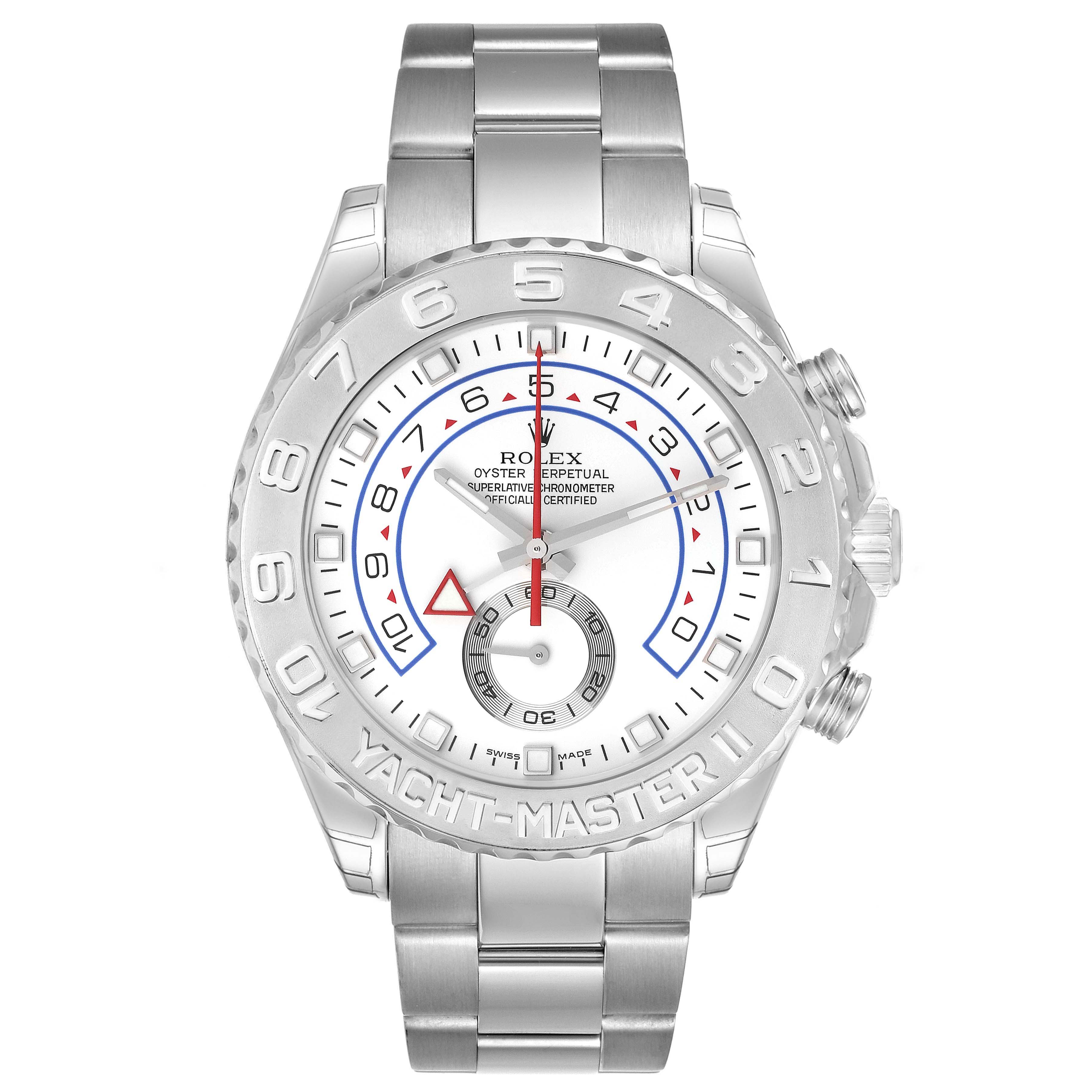 This image shows a Rolex Yacht-Master 116689 Men's White Gold White Dial 116689 Men's White Gold White Dial watch from a front angle, highlighting the face, bezel, case, and bracelet.
