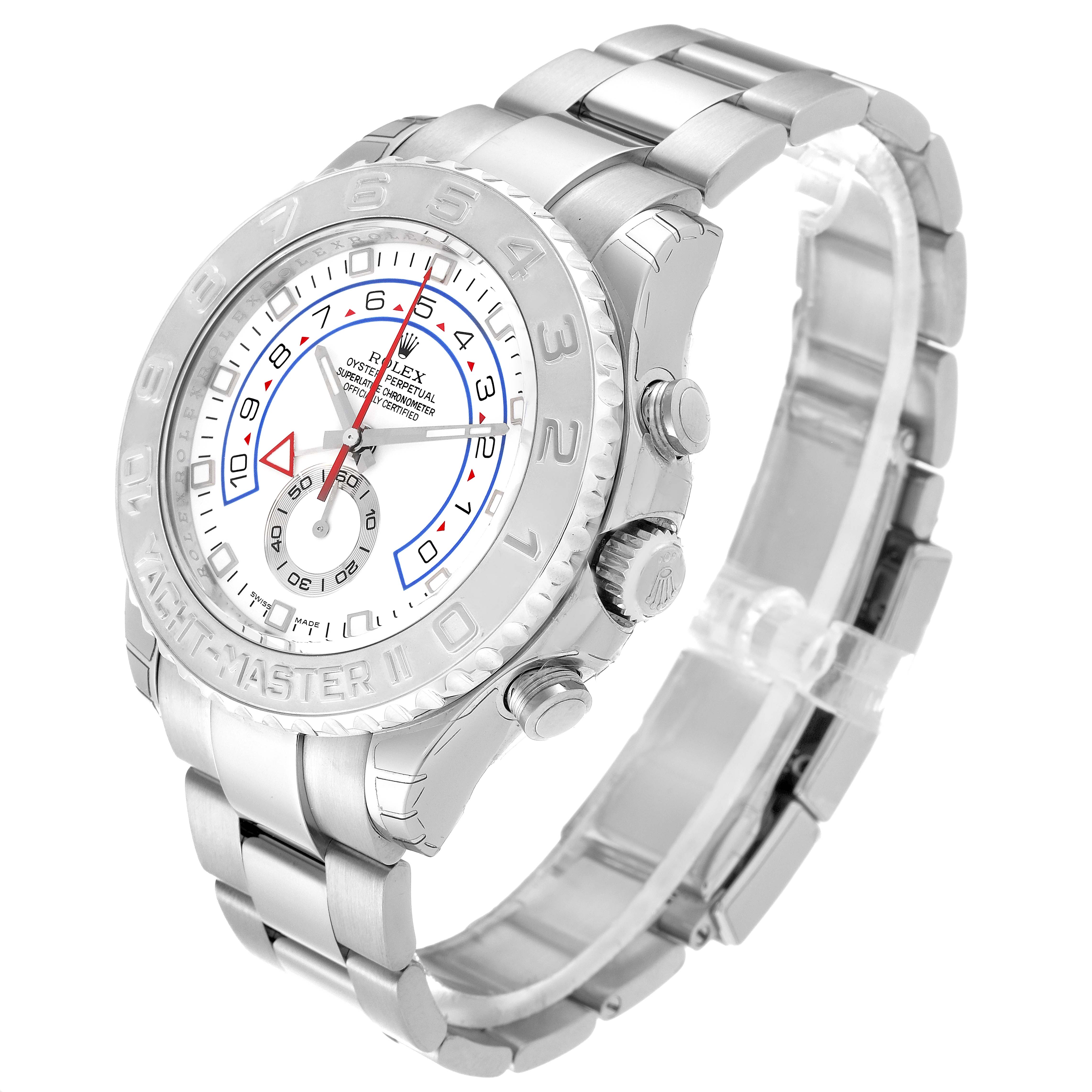 The Rolex Yacht-Master 116689 Men's White Gold White Dial 116689 Men's White Gold White Dial watch is shown in a front-left angled view, displaying its dial, bezel, and bracelet.