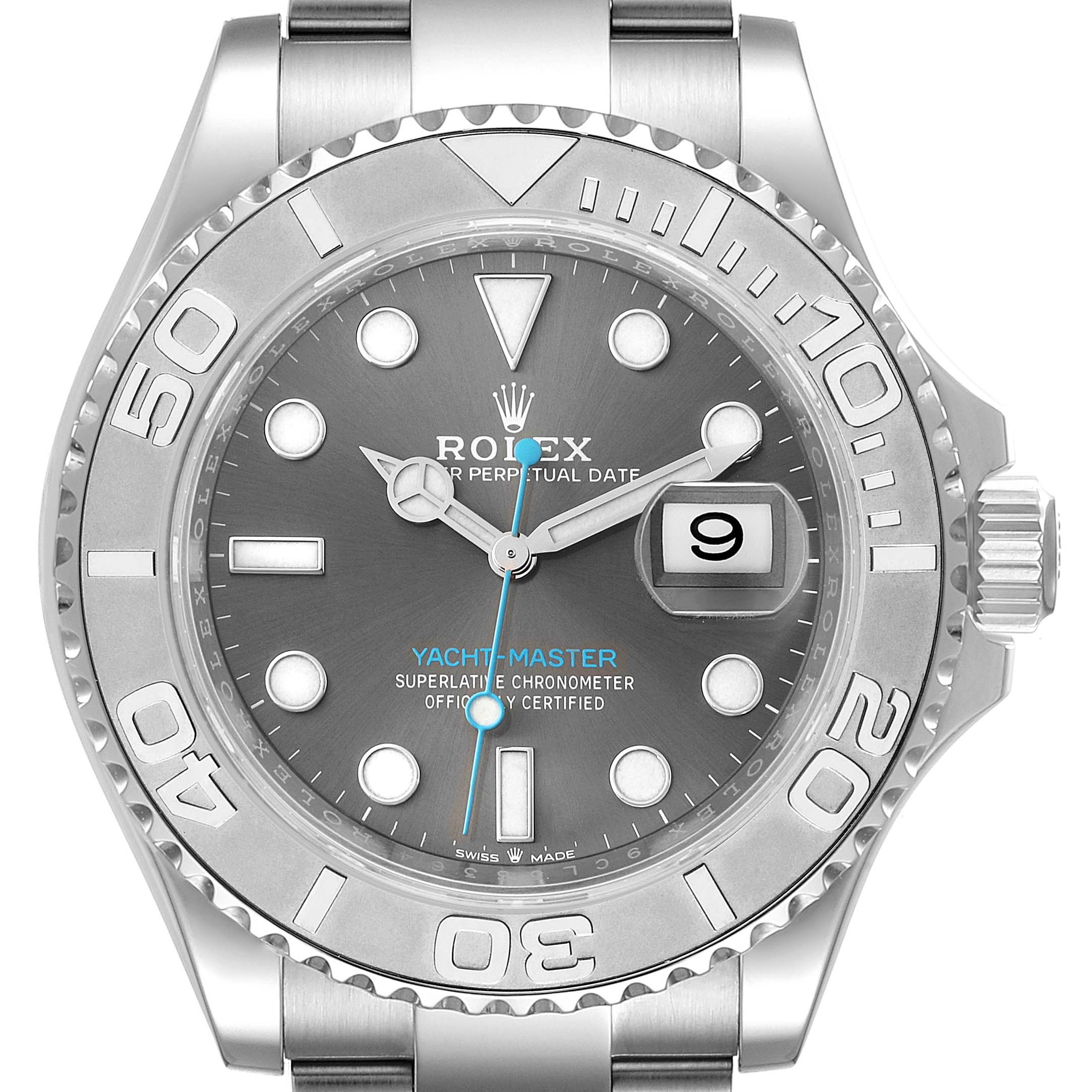 This image shows a full frontal view of the Rolex Yacht-Master 126622 Men
s Stainless Steel Grey Dial 126622 Men
s Stainless Steel Grey Dial watch, highlighting the dial, bezel, date window, and hands.