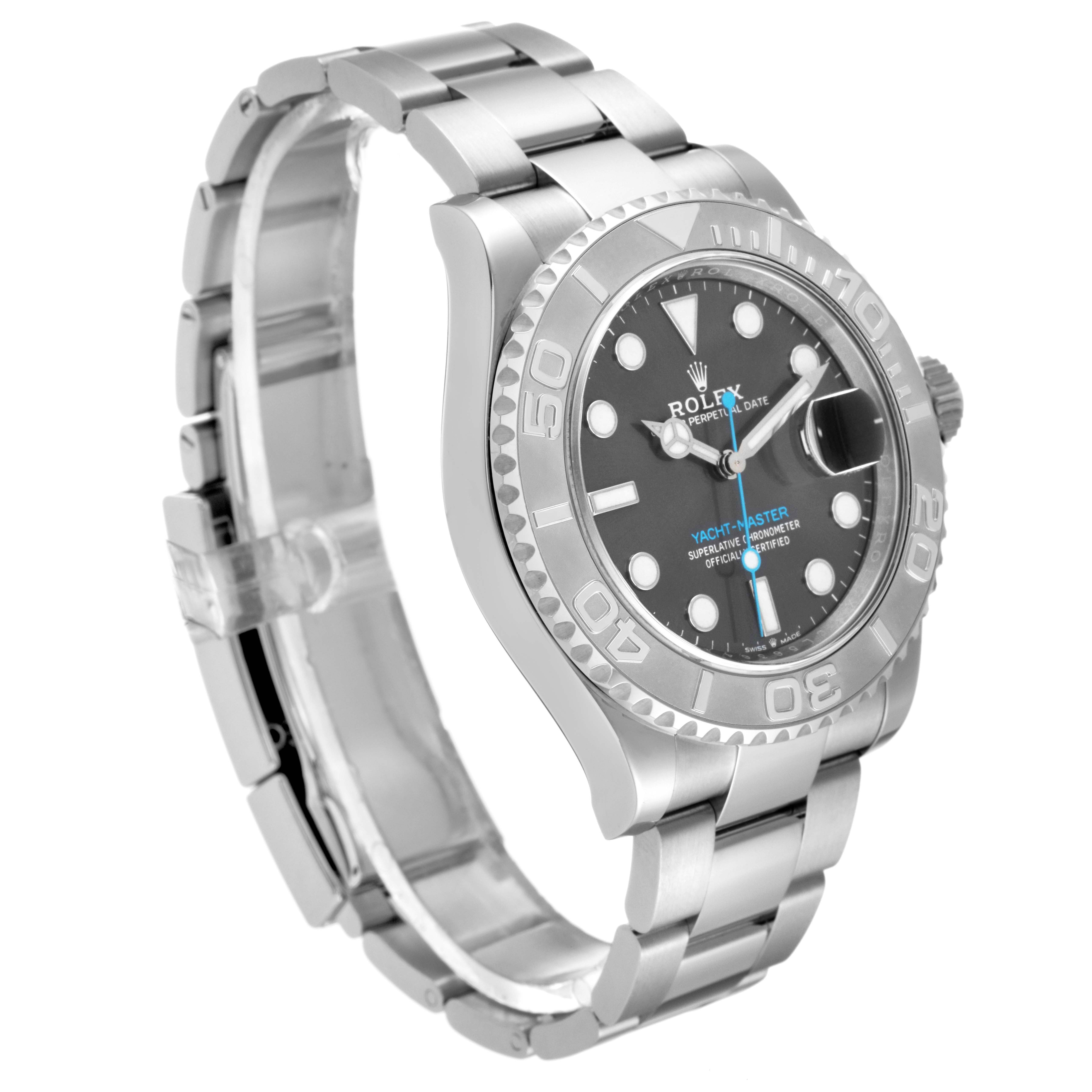 The Rolex Yacht-Master 126622 Men
s Stainless Steel Grey Dial 126622 Men
s Stainless Steel Grey Dial watch is shown at an angle, highlighting the dial, bezel, and bracelet.