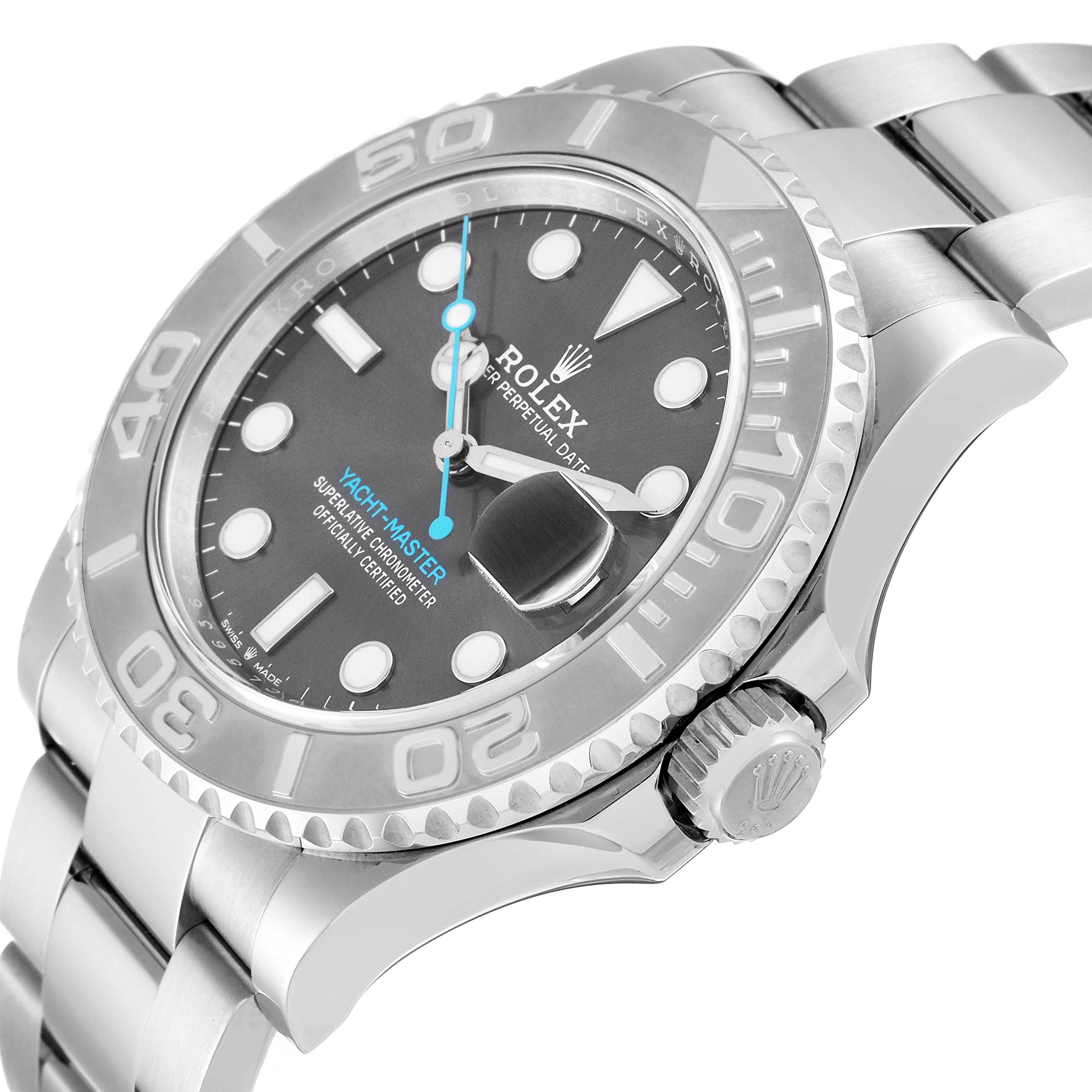The Rolex Yacht-Master 126622 Men
s Stainless Steel Grey Dial 126622 Men
s Stainless Steel Grey Dial watch is shown at an angle displaying the dial, bezel, crown, and part of the bracelet.