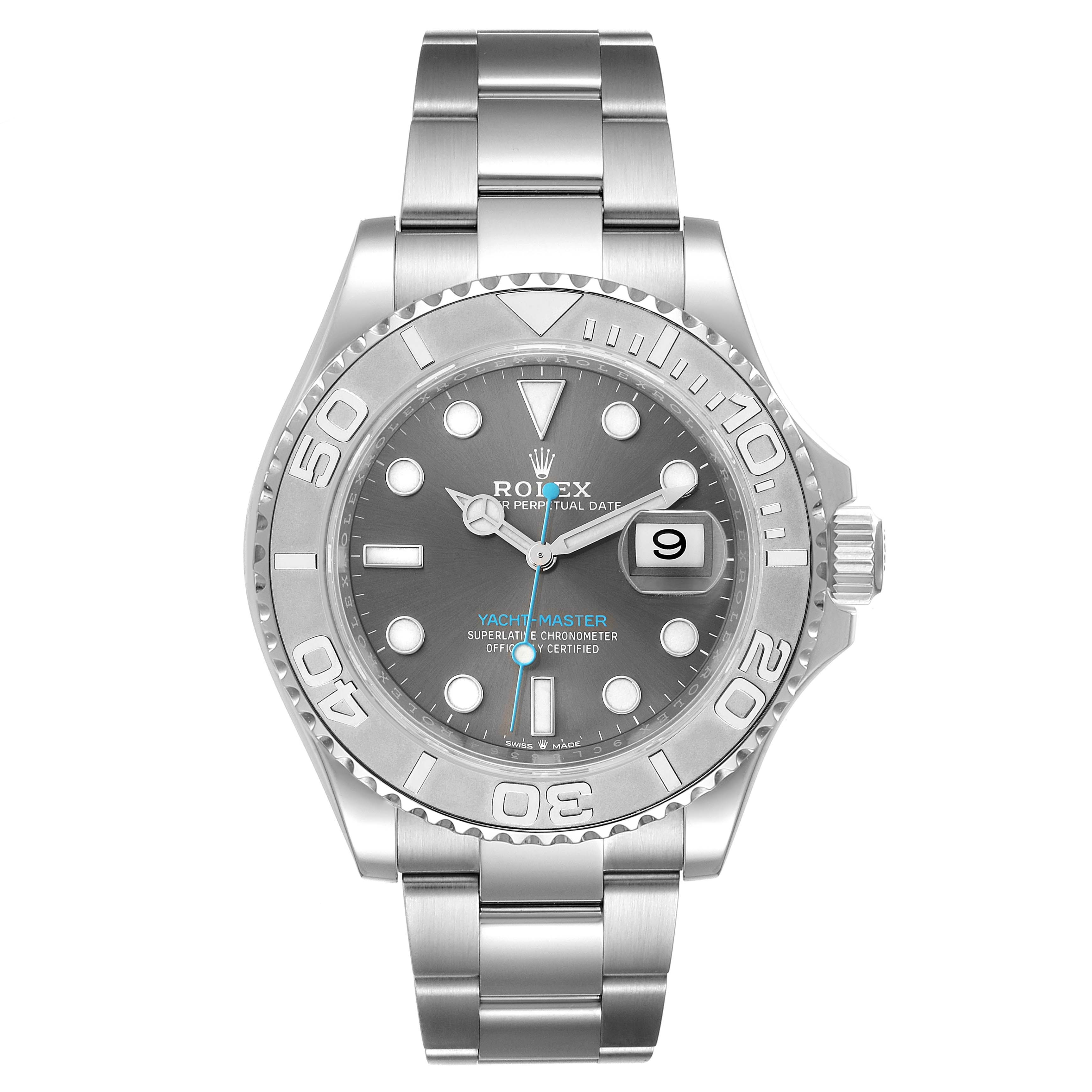 The image shows a front view of the Rolex Yacht-Master 126622 Men
s Stainless Steel Grey Dial 126622 Men
s Stainless Steel Grey Dial watch, highlighting its dial, bezel, bracelet, and crown.