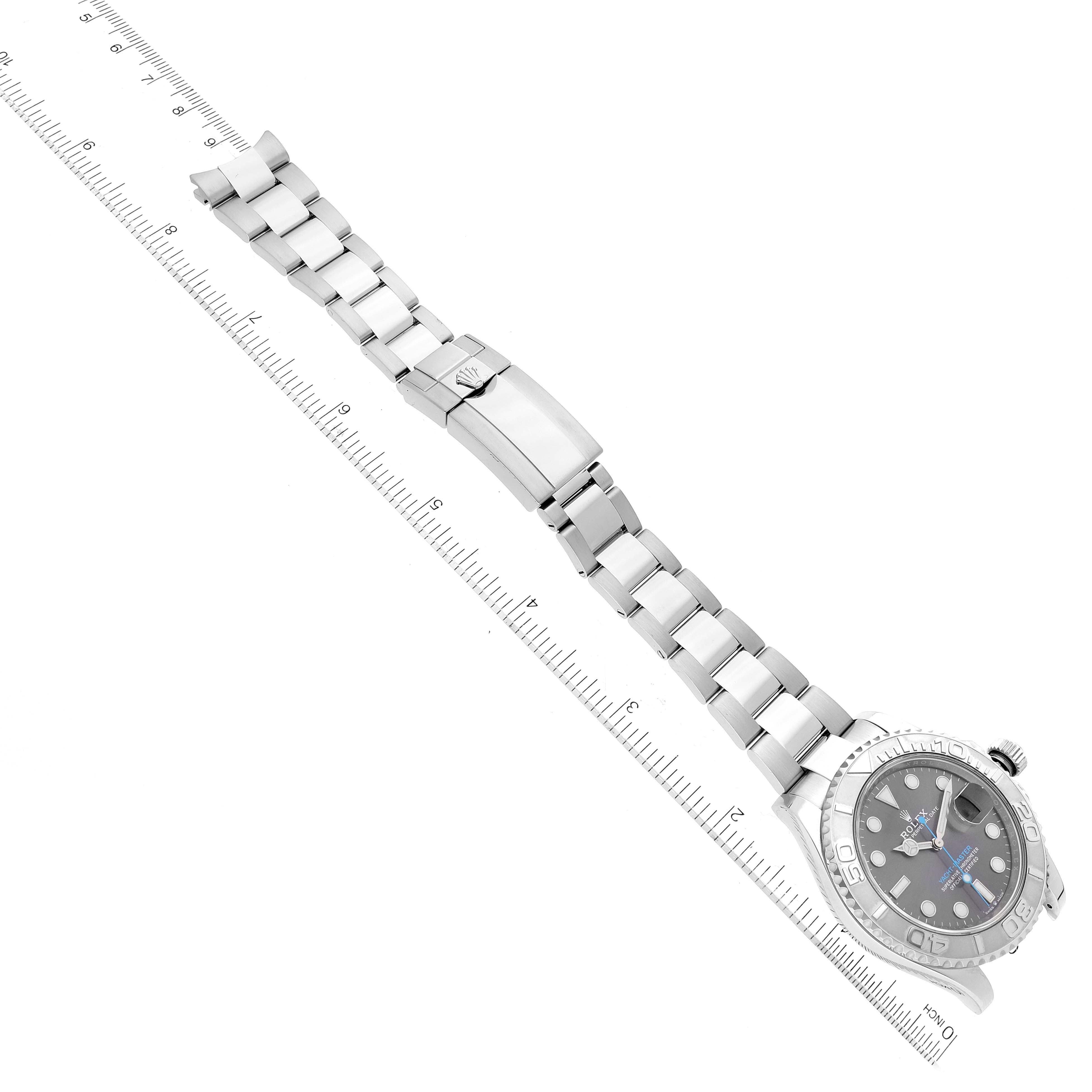 The image shows the Rolex Yacht-Master 126622 Men
s Stainless Steel Grey Dial 126622 Men
s Stainless Steel Grey Dial watch laid flat with its bracelet extended, alongside a ruler for scale.