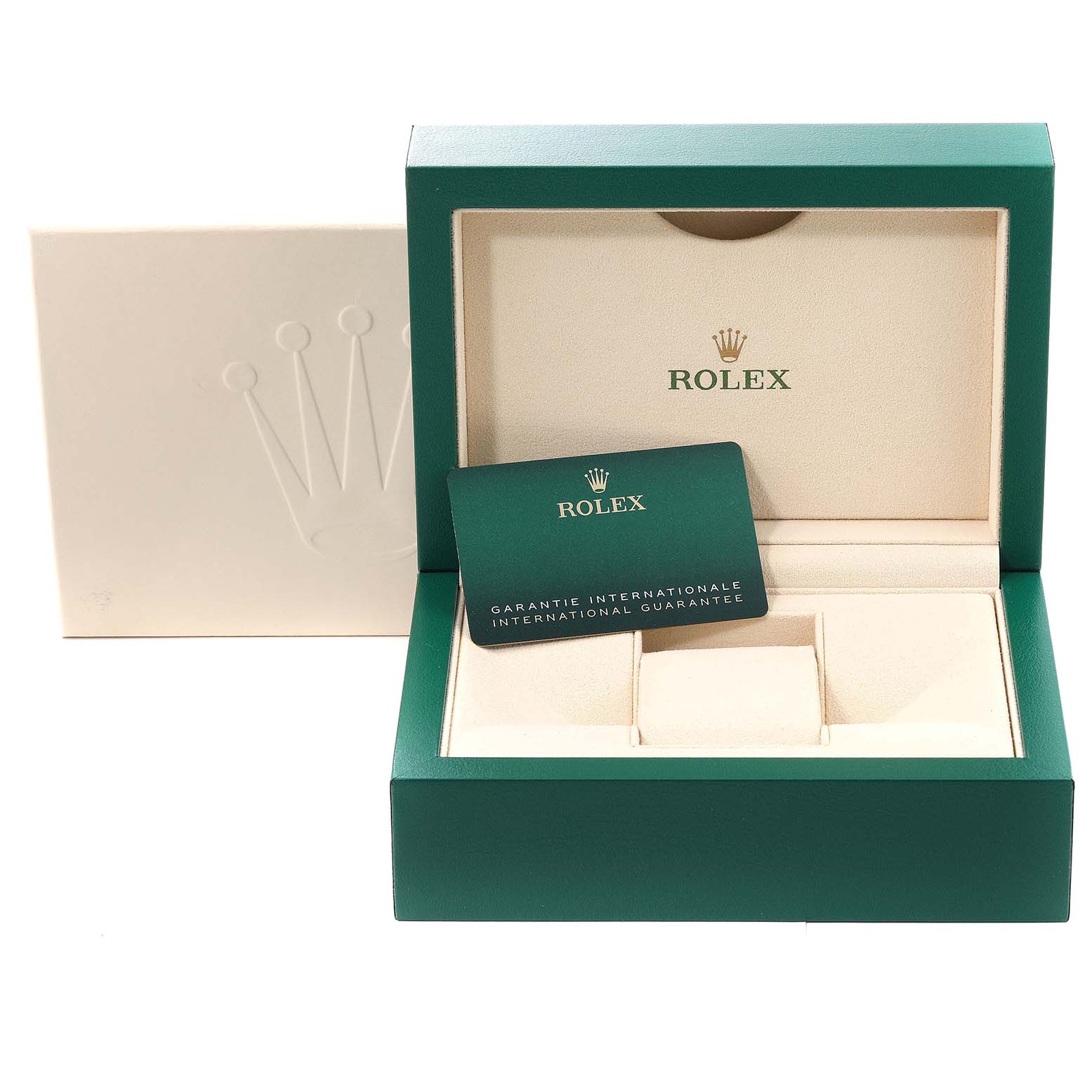 The image shows a Rolex Yacht-Master 126622 Men
s Stainless Steel Grey Dial 126622 Men
s Stainless Steel Grey Dial watch box and guarantee card placed inside the open box.