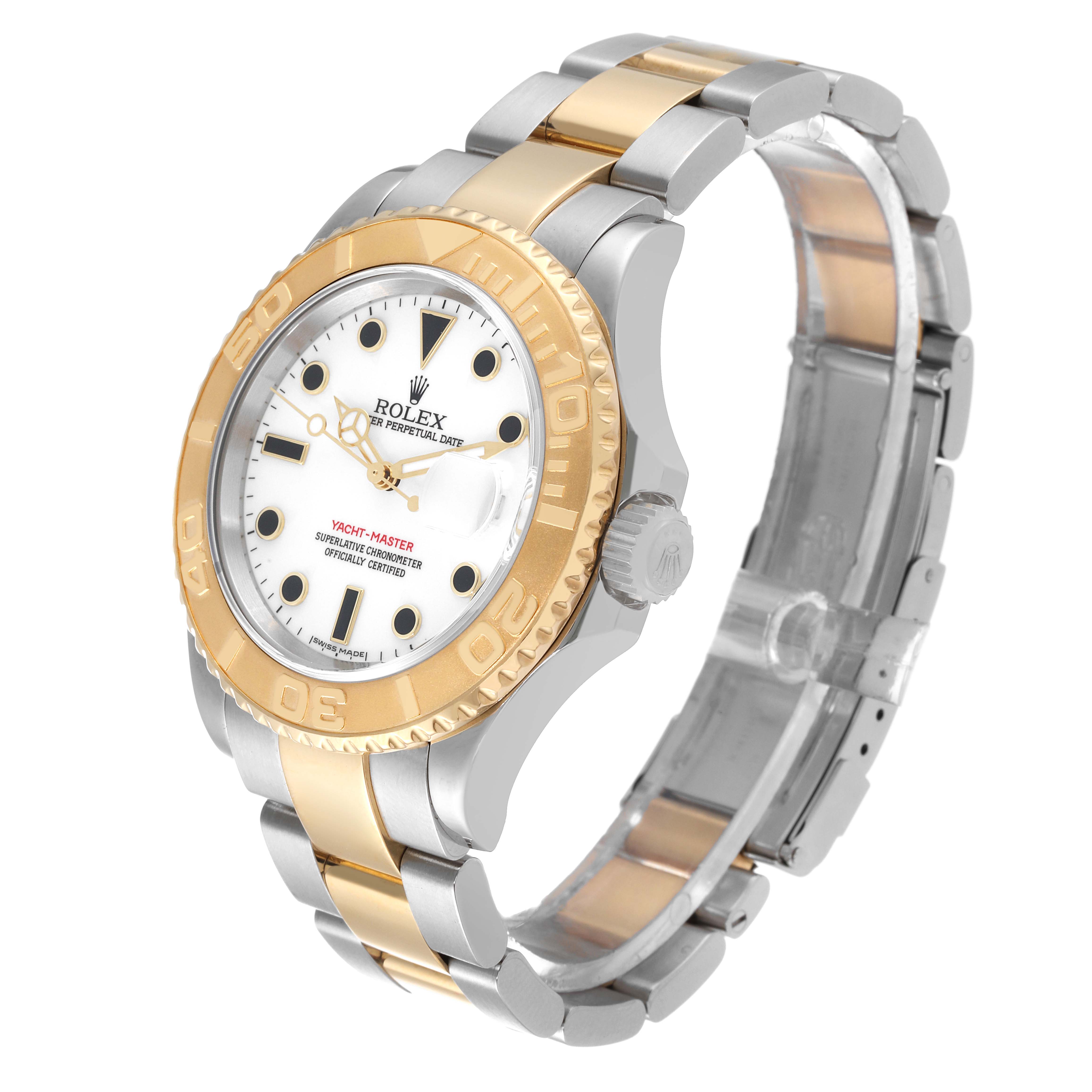 This Rolex Yacht-Master 16623 Men
s Steel and Gold (two tone) White Dial 16623 Men
s Steel and Gold (two tone) White Dial watch is shown at an angle highlighting the face, bezel, crown, and two-tone bracelet.