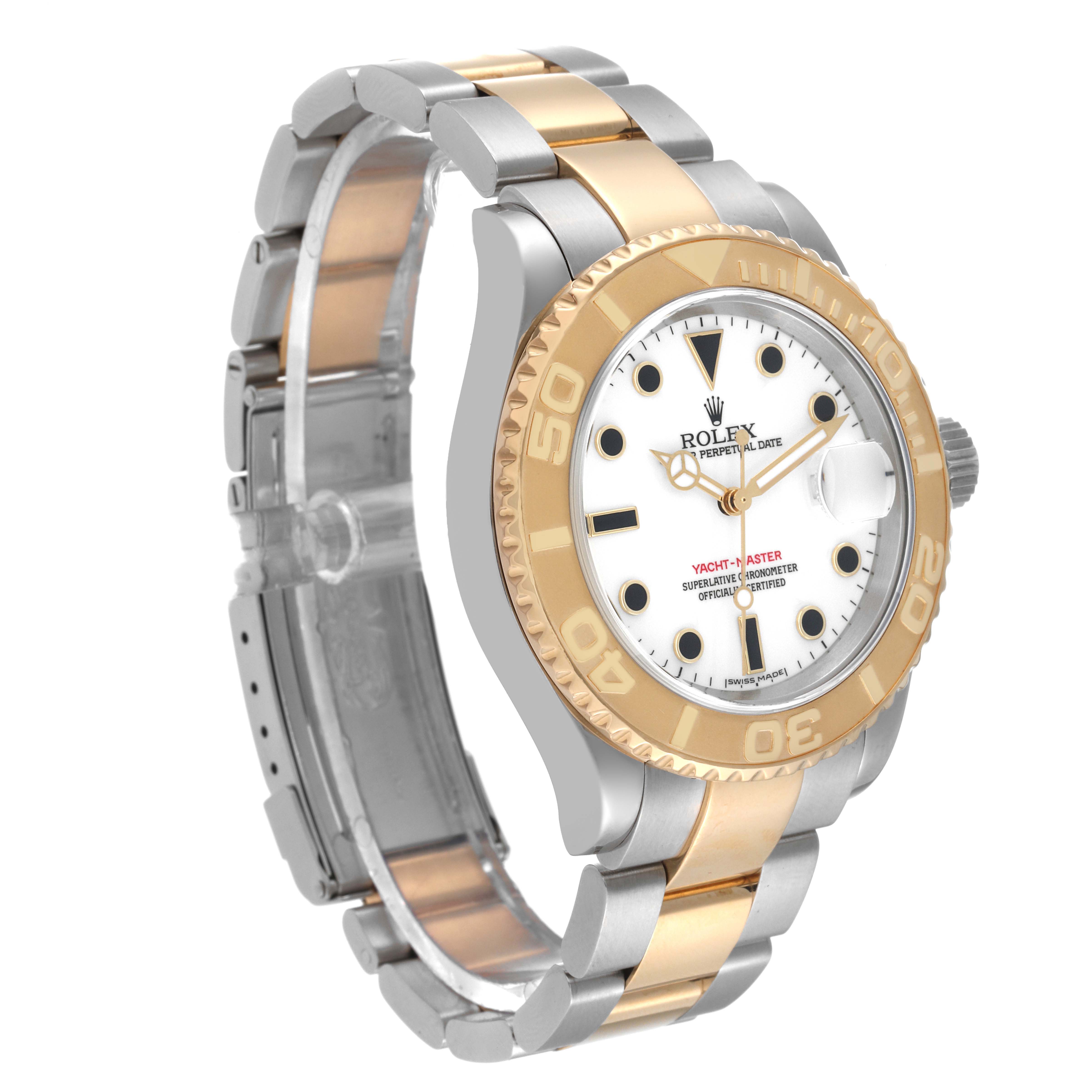 The image shows a side angle of a Rolex Yacht-Master 16623 Men
s Steel and Gold (two tone) White Dial 16623 Men
s Steel and Gold (two tone) White Dial watch, highlighting the bezel, dial, bracelet, and crown.