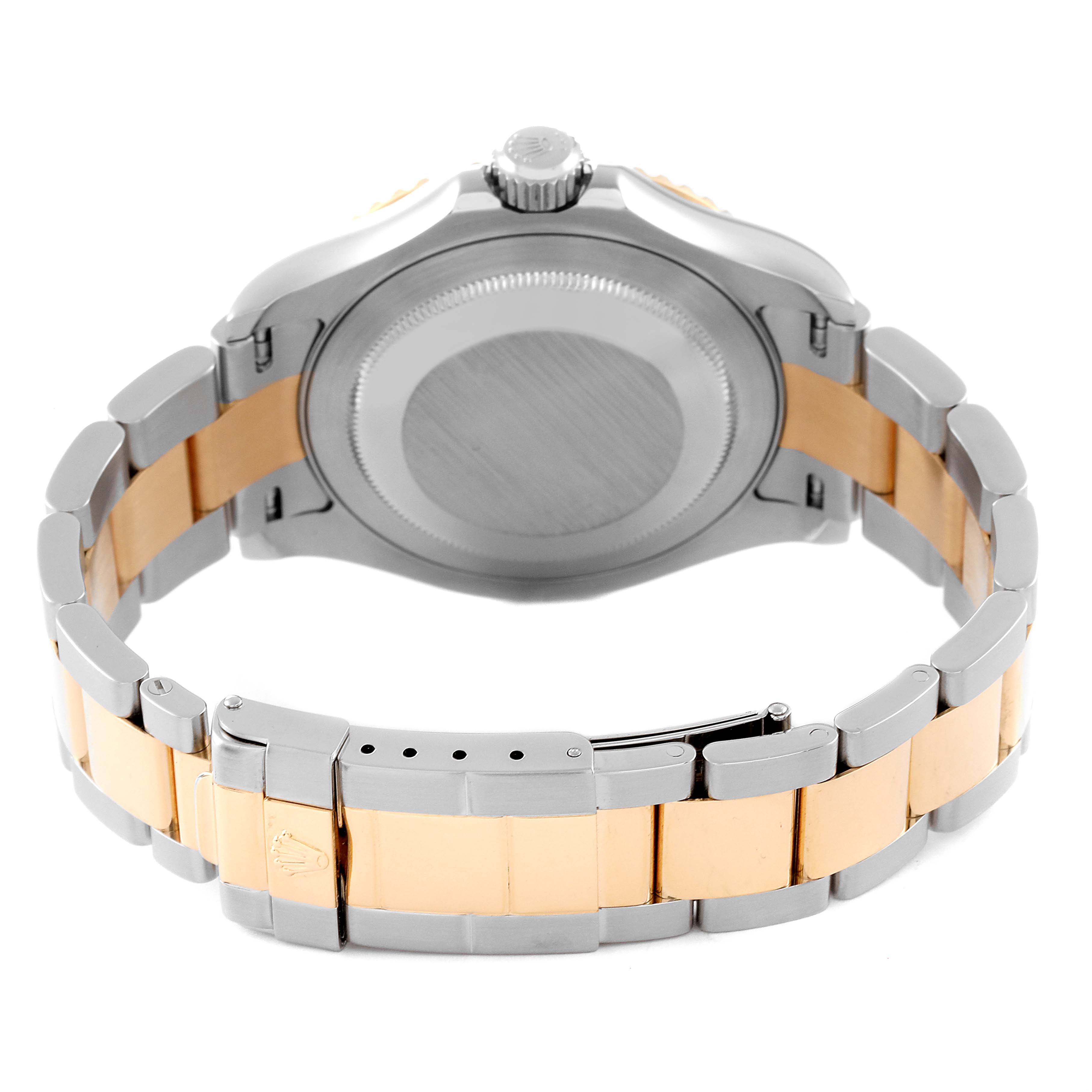 The image shows the back view of a Rolex Yacht-Master 16623 Men
s Steel and Gold (two tone) White Dial 16623 Men
s Steel and Gold (two tone) White Dial watch, highlighting the case back and the two-tone bracelet.
