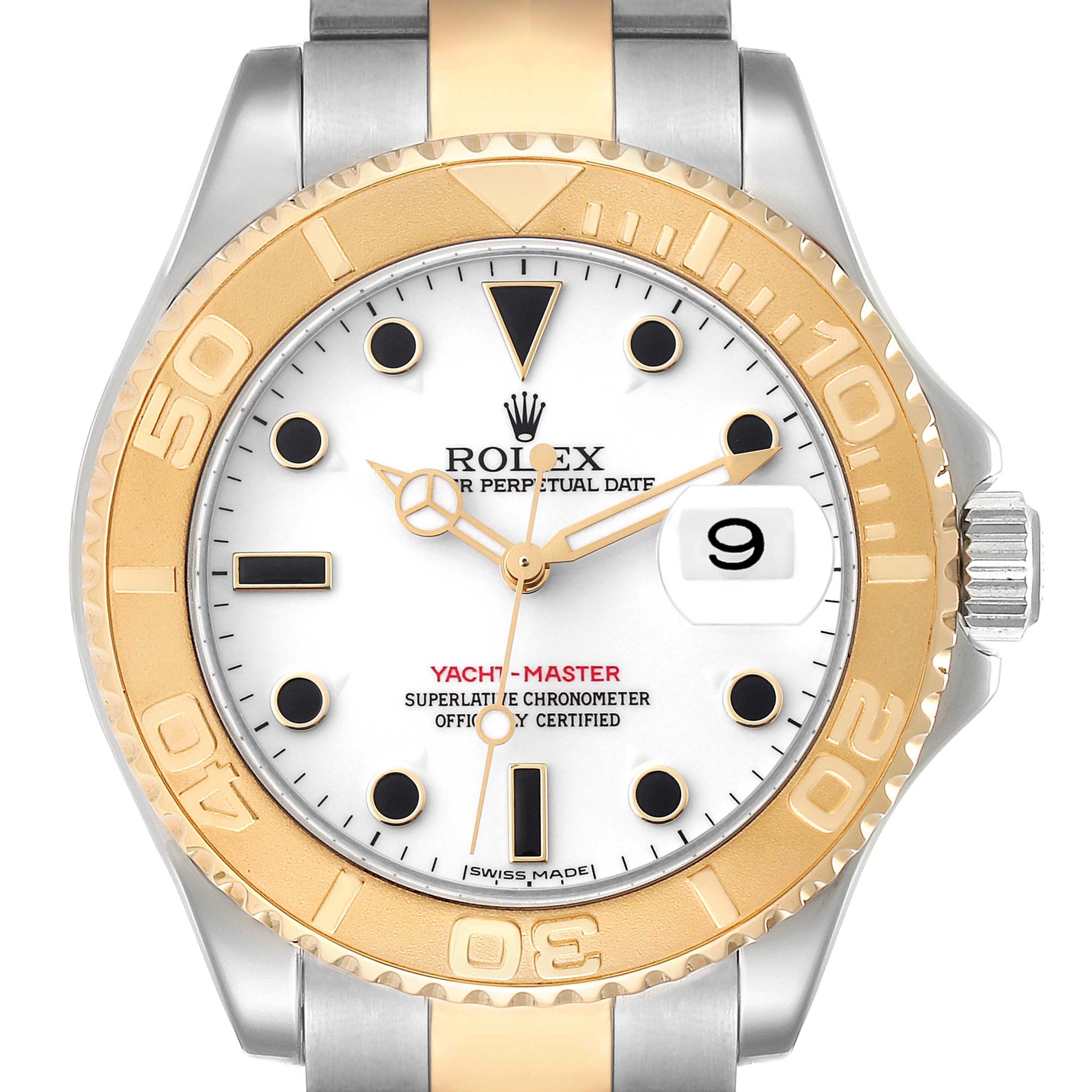 This image shows a front view of a Rolex Yacht-Master 16623 Men
s Steel and Gold (two tone) White Dial 16623 Men
s Steel and Gold (two tone) White Dial watch, detailing the dial, bezel, crown, and part of the bracelet.