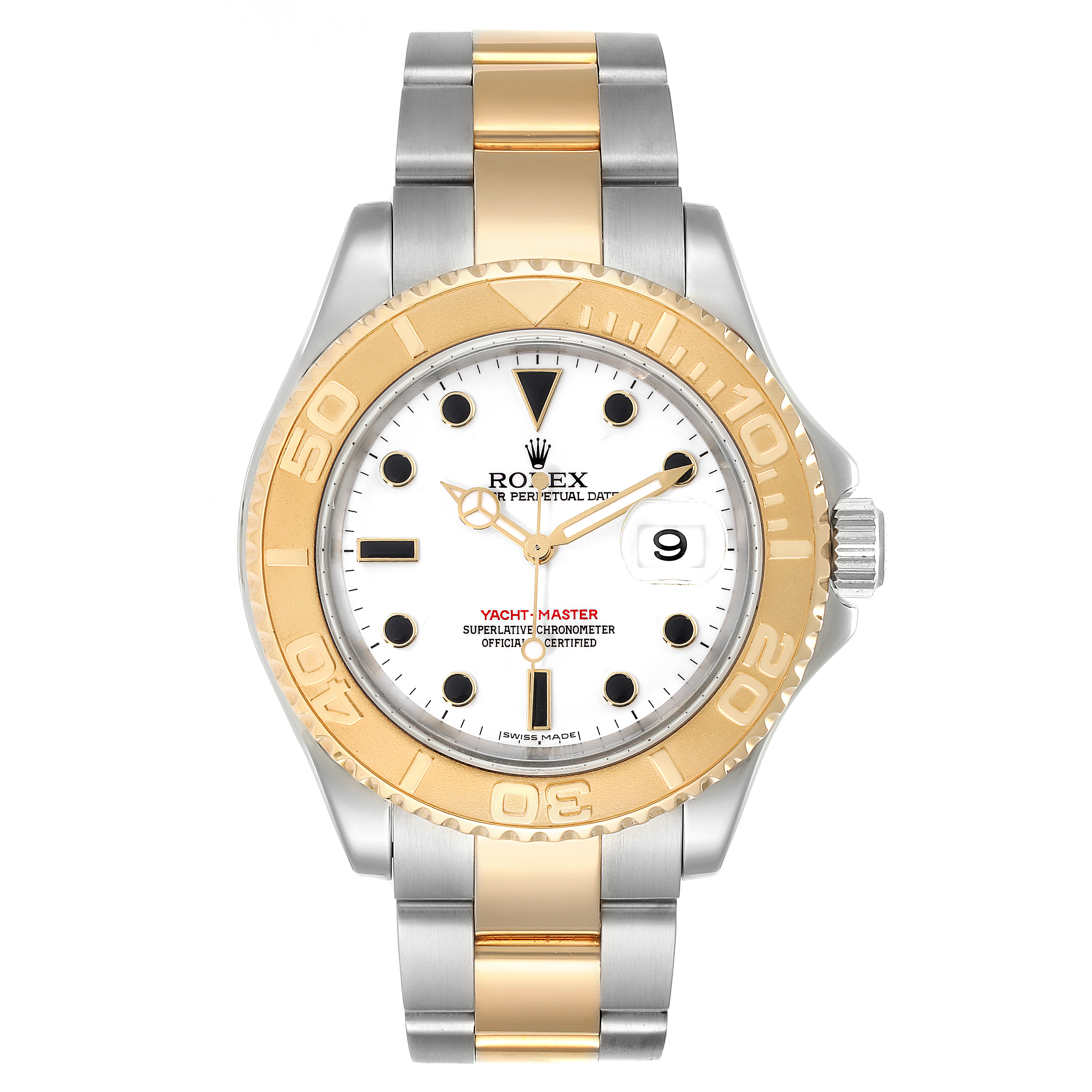The Rolex Yacht-Master 16623 Men
s Steel and Gold (two tone) White Dial 16623 Men
s Steel and Gold (two tone) White Dial watch is shown from the front, featuring its white dial, gold bezel, and two-tone bracelet.