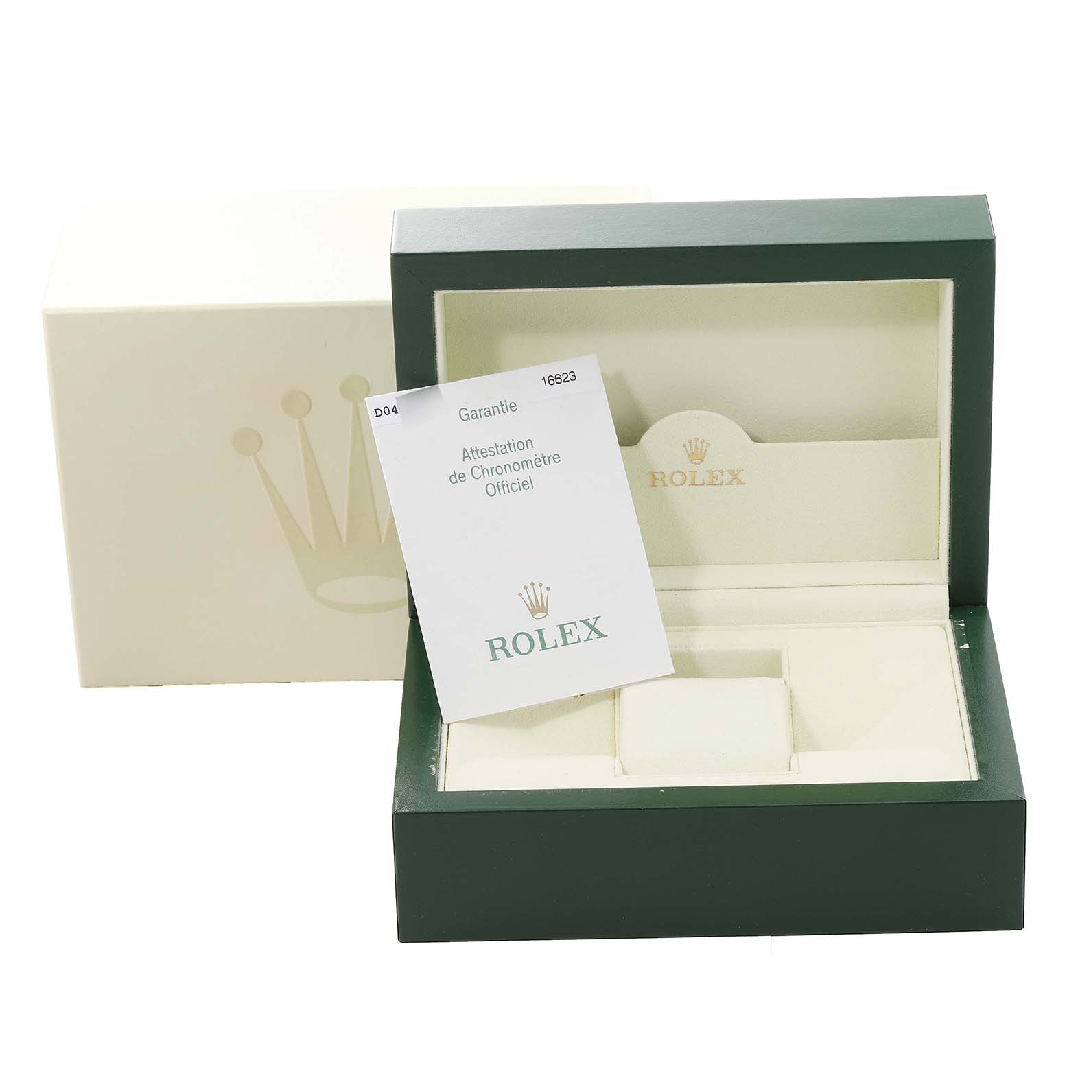 The image shows an open Rolex Yacht-Master 16623 Men
s Steel and Gold (two tone) White Dial 16623 Men
s Steel and Gold (two tone) White Dial watch box and warranty card, angled to display the interior and exterior of the box.