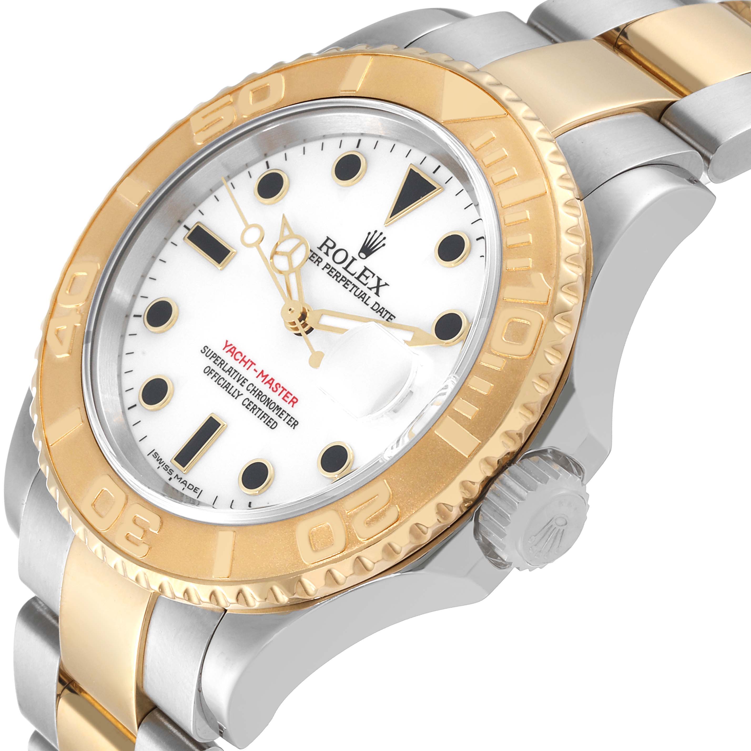 The image shows a Rolex Yacht-Master 16623 Men
s Steel and Gold (two tone) White Dial 16623 Men
s Steel and Gold (two tone) White Dial watch at an angle displaying the face, bezel, crown, and part of the bracelet.