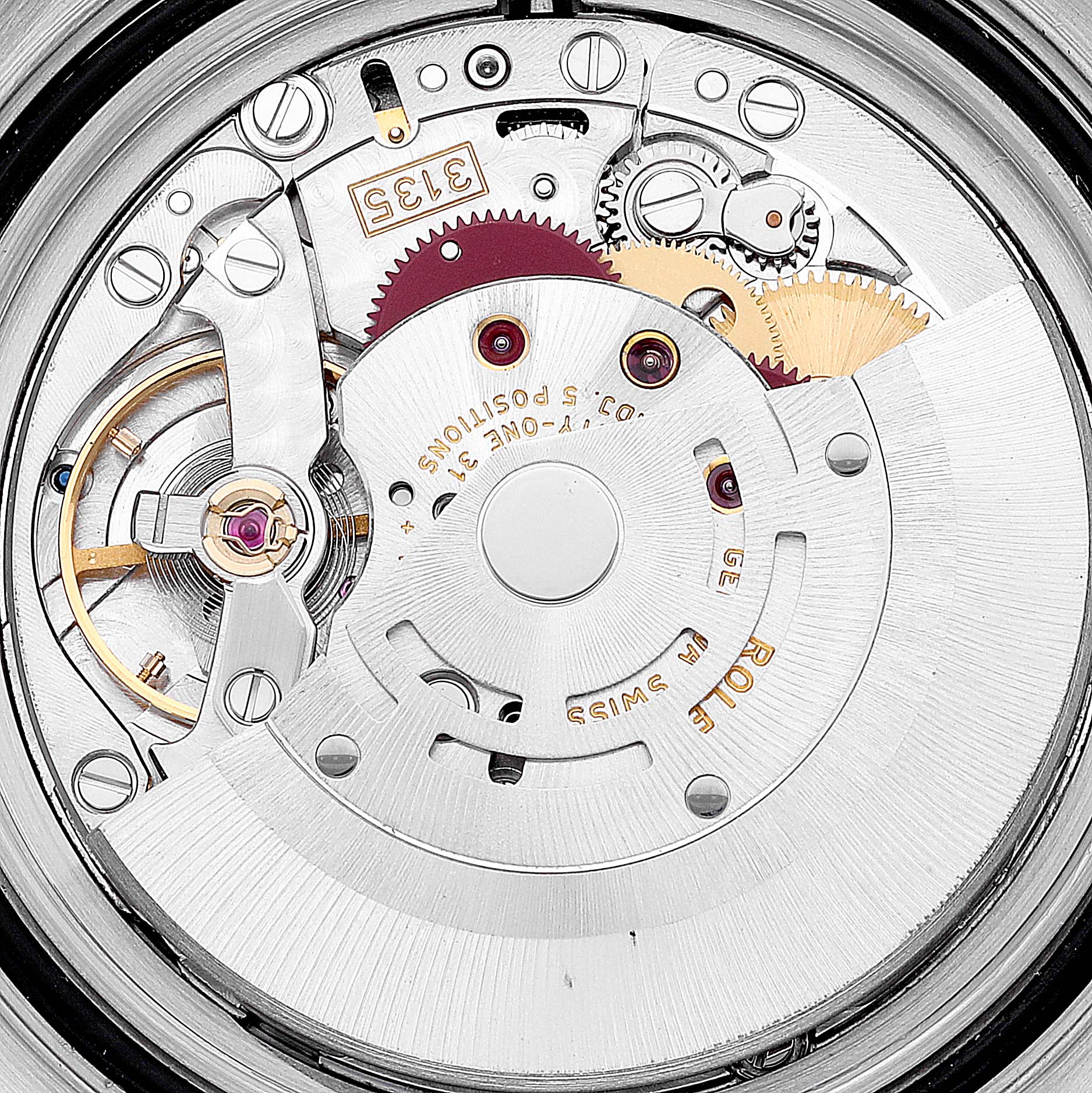 This image shows a close-up view of the Rolex Yacht-Master 16623 Men
s Steel and Gold (two tone) White Dial 16623 Men
s Steel and Gold (two tone) White Dial watch
s internal movement components.