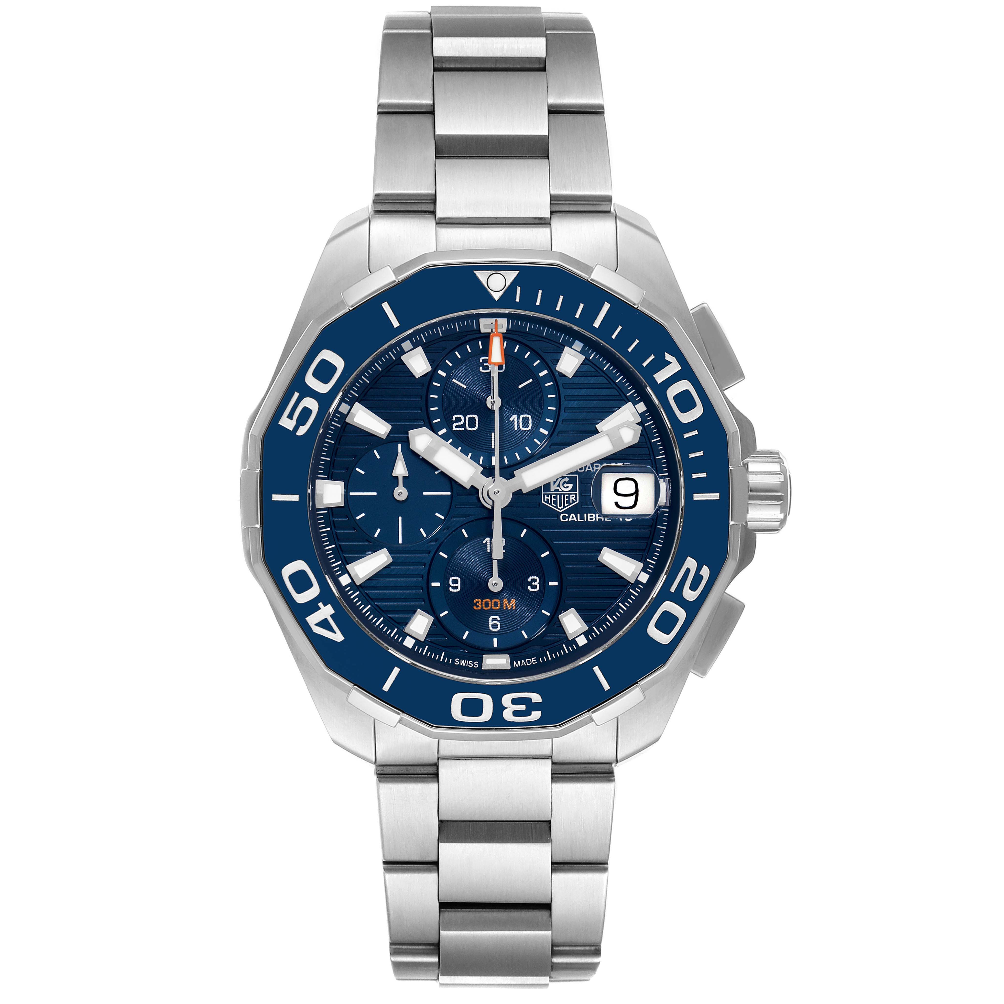 The image shows a front view of the Tag Heuer Aquaracer CAY211B.BA0927 Men's Stainless Steel Blue Dial CAY211B.BA0927 Men's Stainless Steel Blue Dial watch, displaying its dial, bracelet, and bezel.